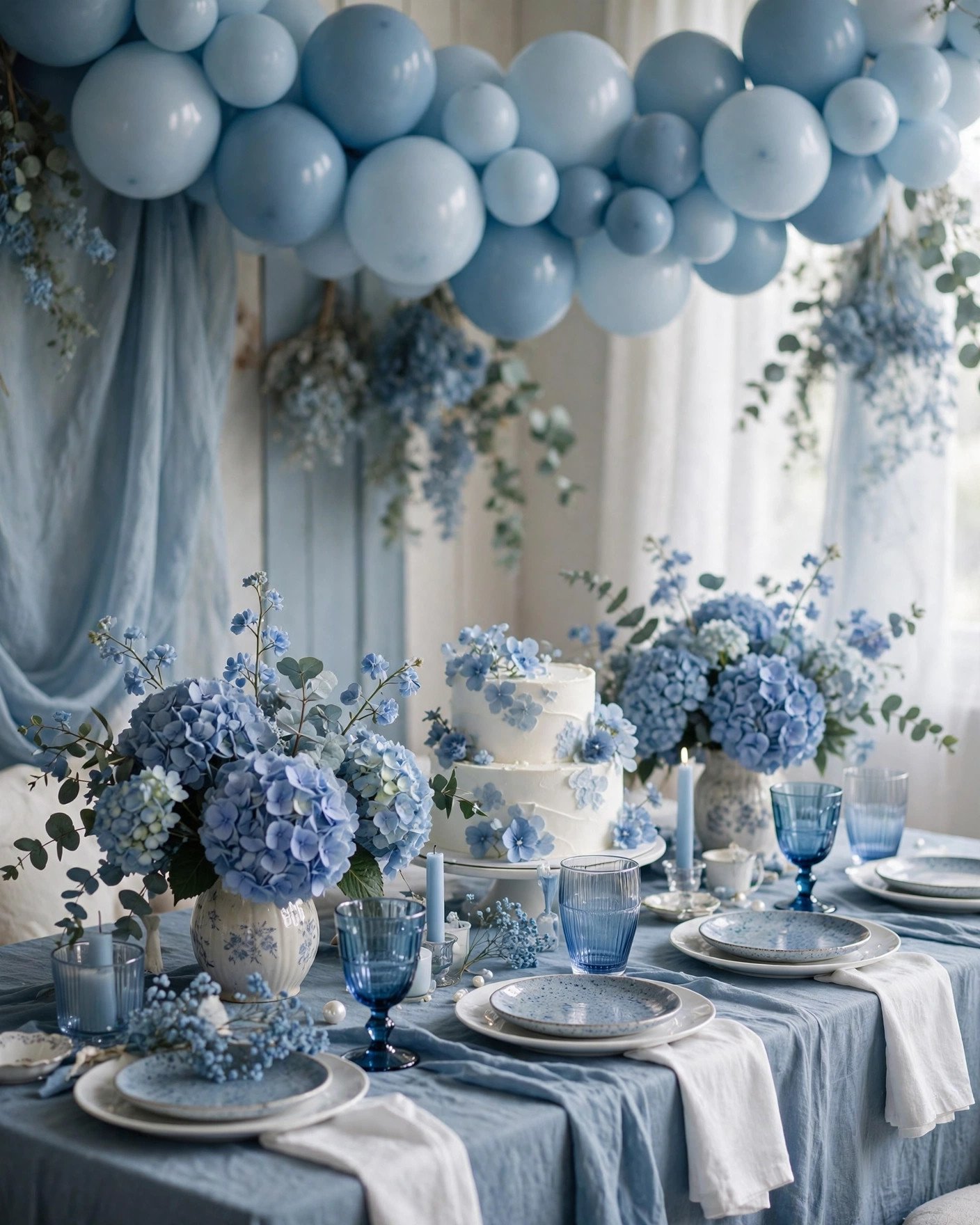 Something blue bridal shower in dusty blue and white