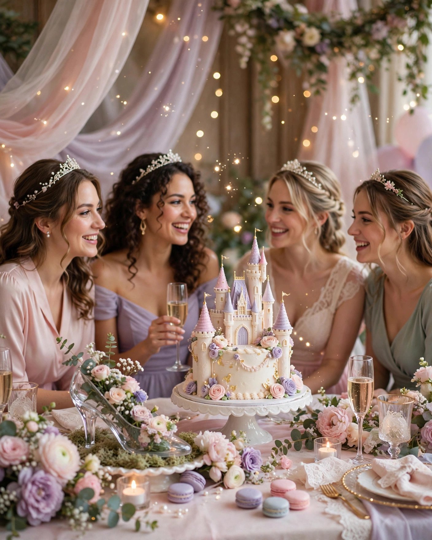 Fairytale princess bridal shower with castle cake and tiaras