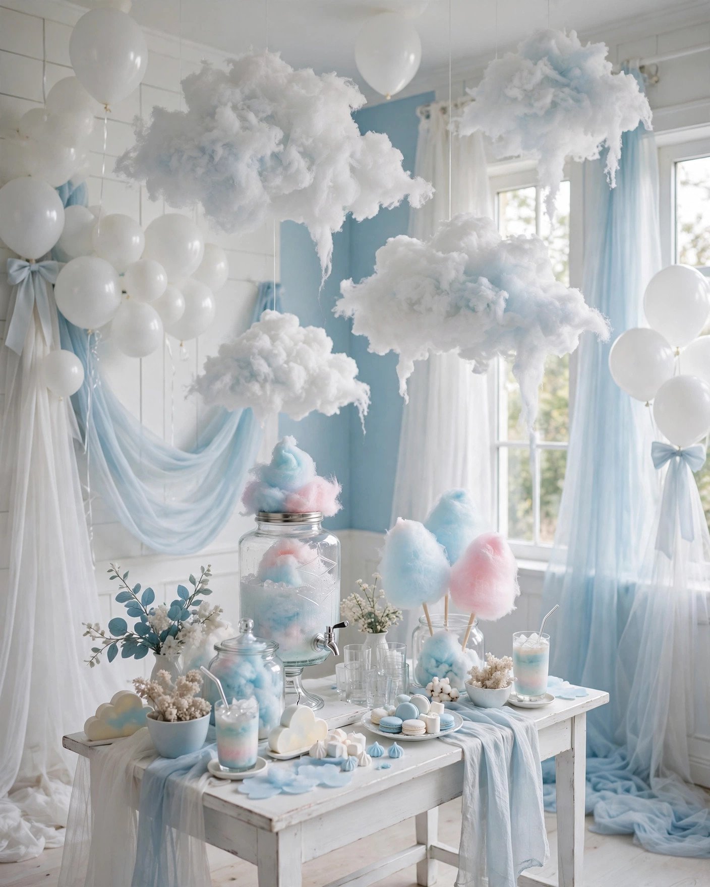 Cloud nine bridal shower with white and sky blue decor