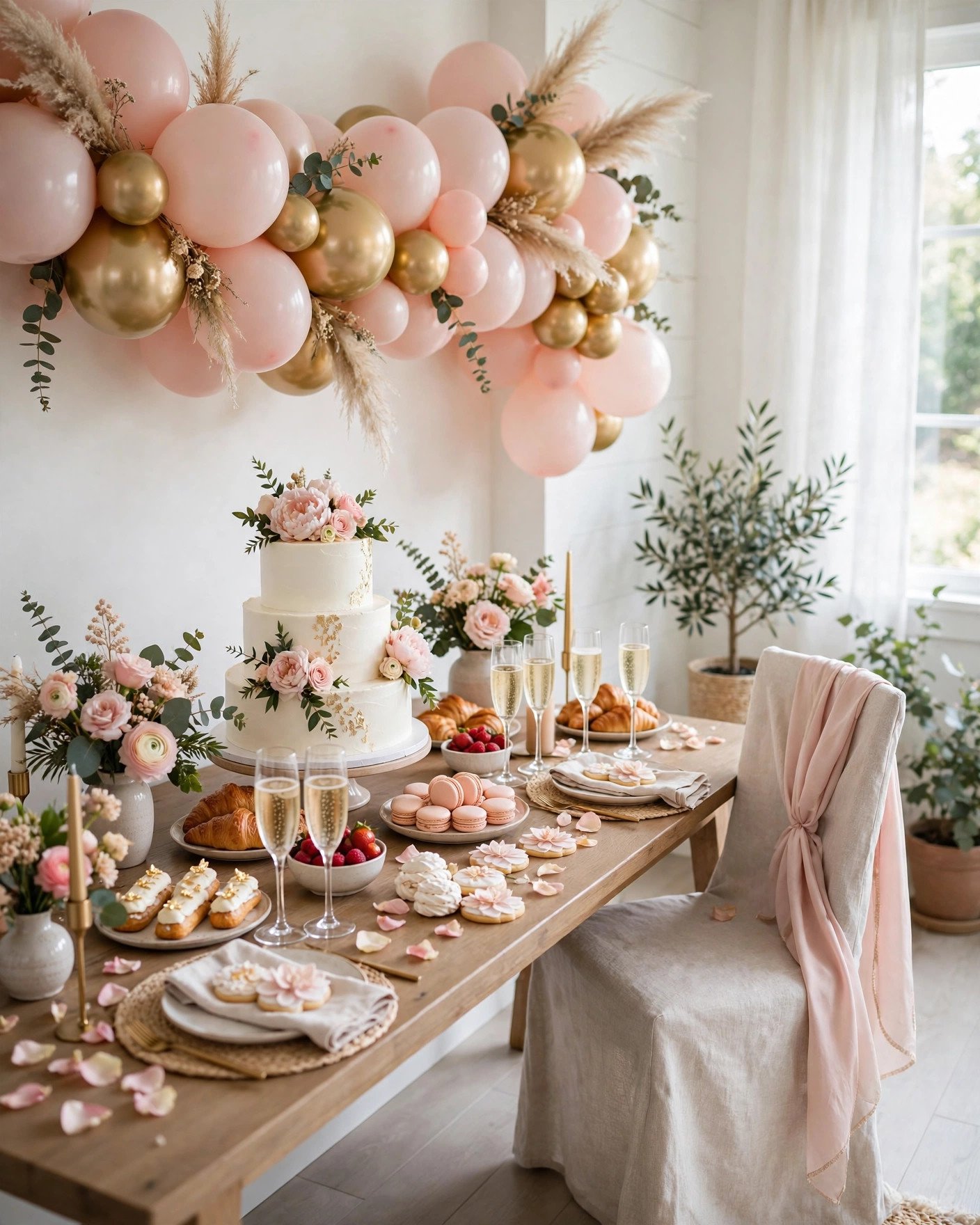 Beautiful bridal shower dessert table with blush pink and gold balloon garland
