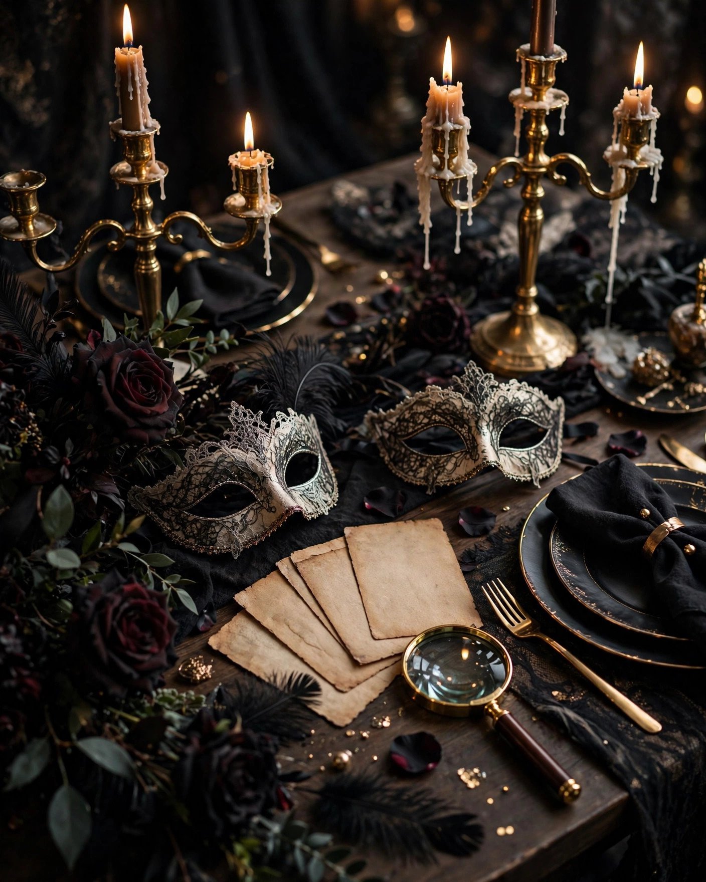 Murder mystery masquerade bridal shower table with masks, clue cards and candelabras