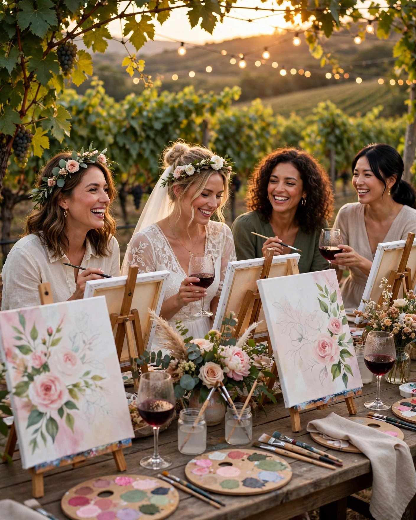 Paint and sip bridal shower at a vineyard with easels, wine glasses and string lights
