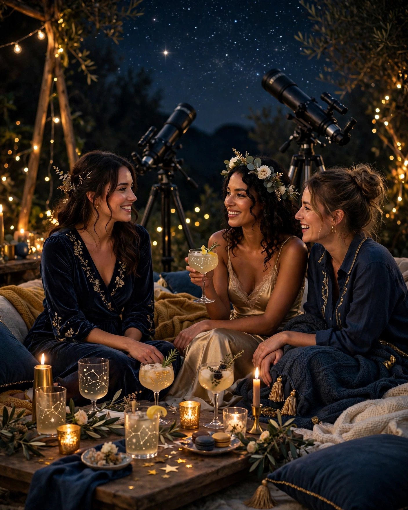 Star-gazing bridal shower at night with telescopes, blankets and fairy lights