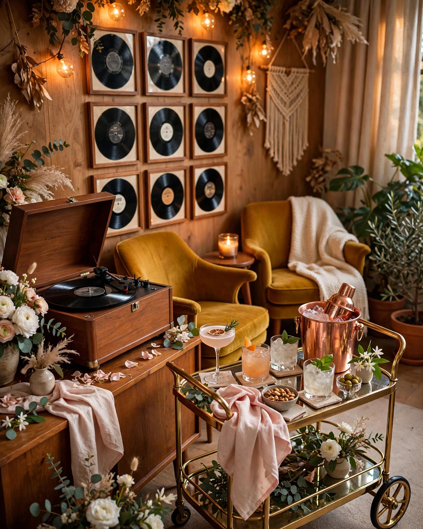 Vintage vinyl listening party bridal shower with record player and retro decor