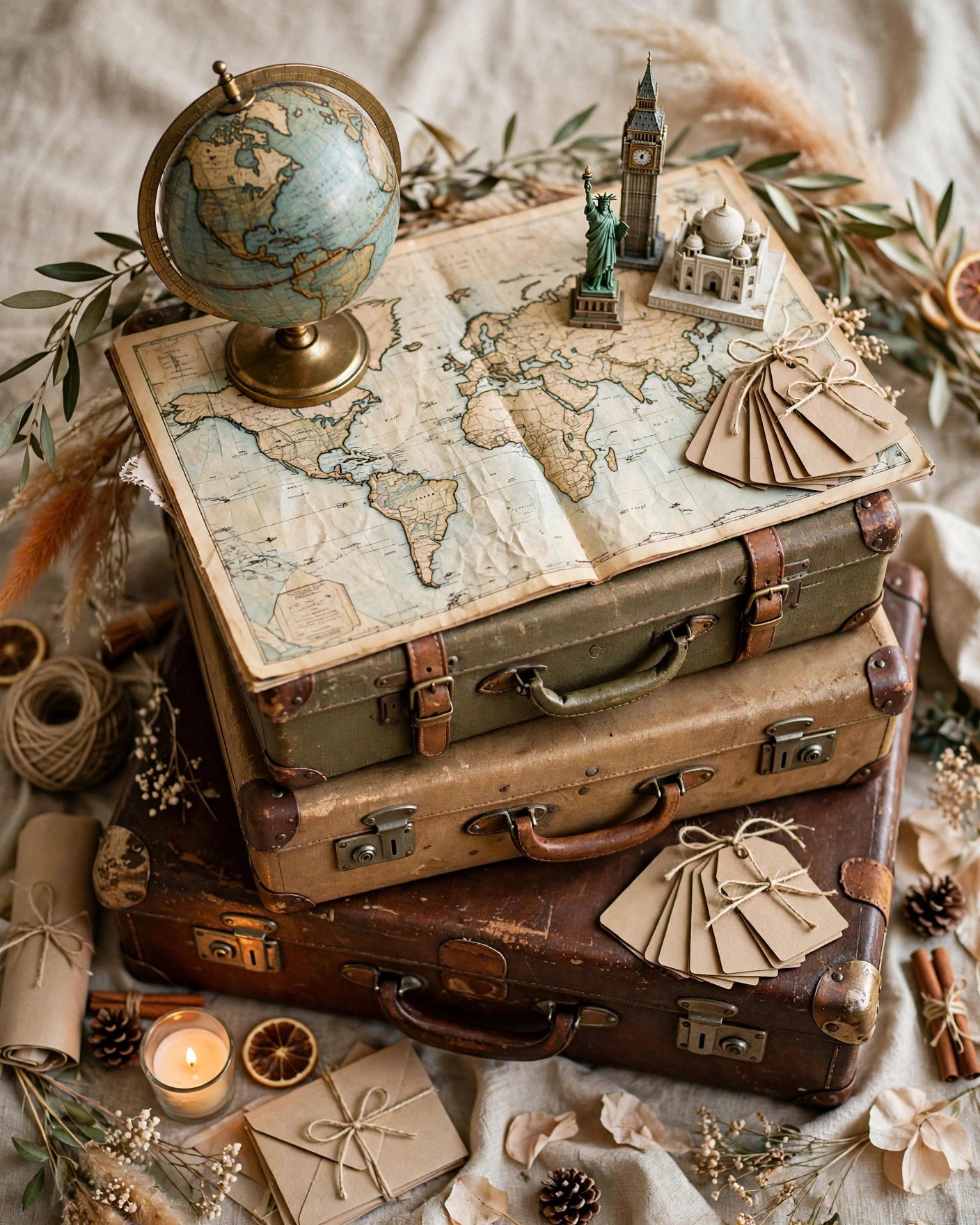 Around the world travel bridal shower with suitcases, maps and globe decor