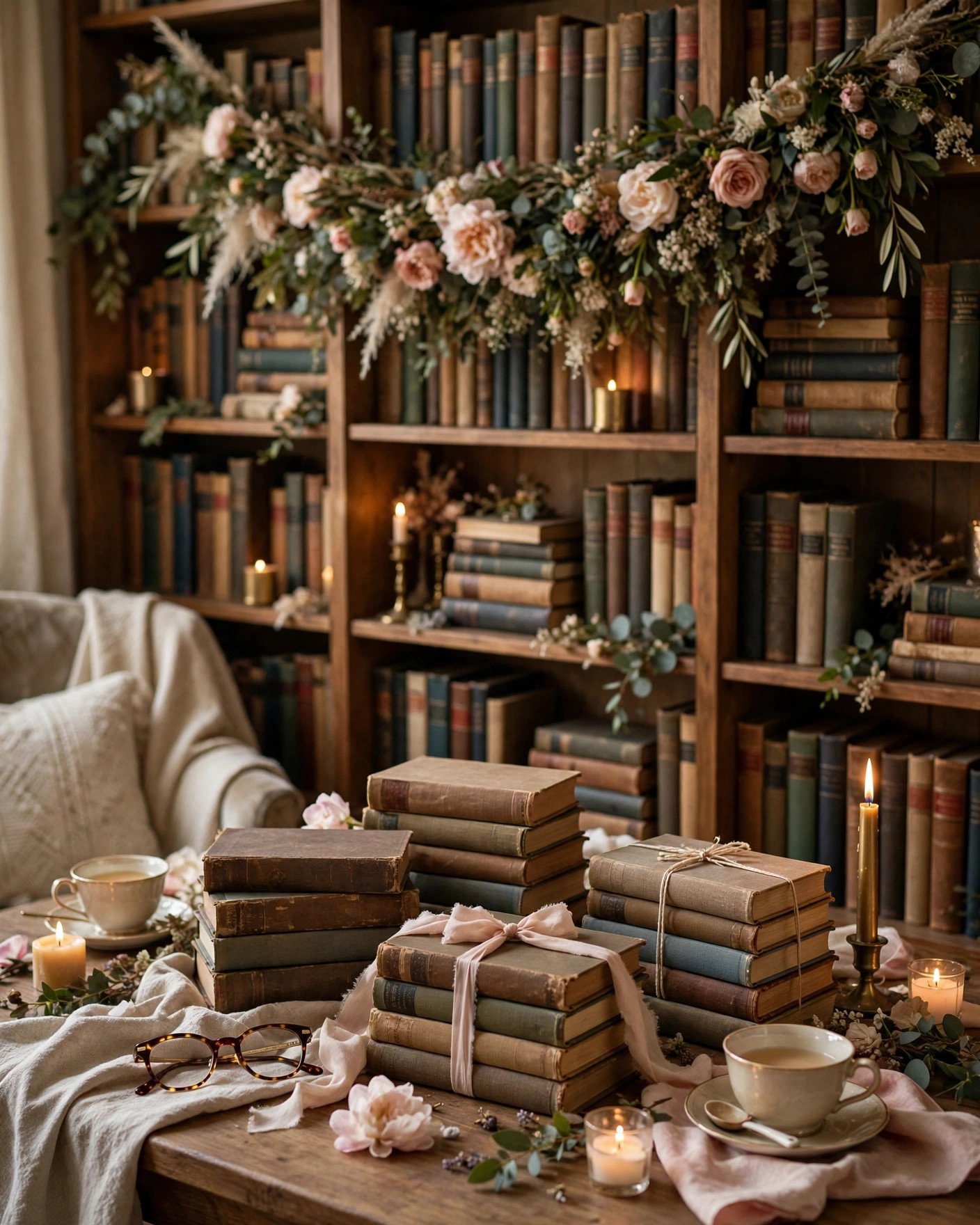 Literary book club bridal shower with vintage books, teacups and candles