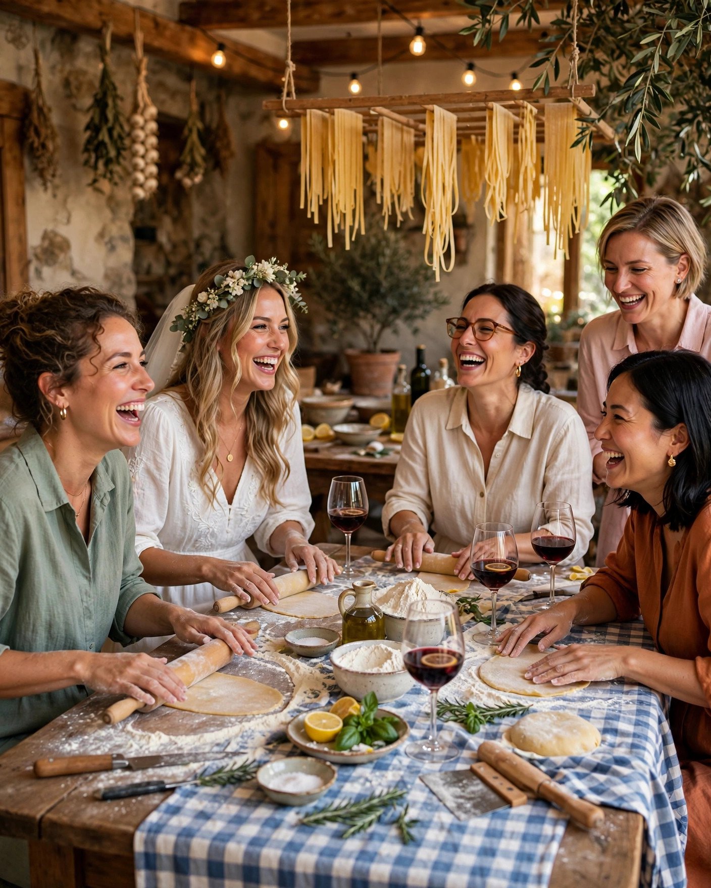 Italian pasta-making bridal shower party with fresh pasta, flour and wine