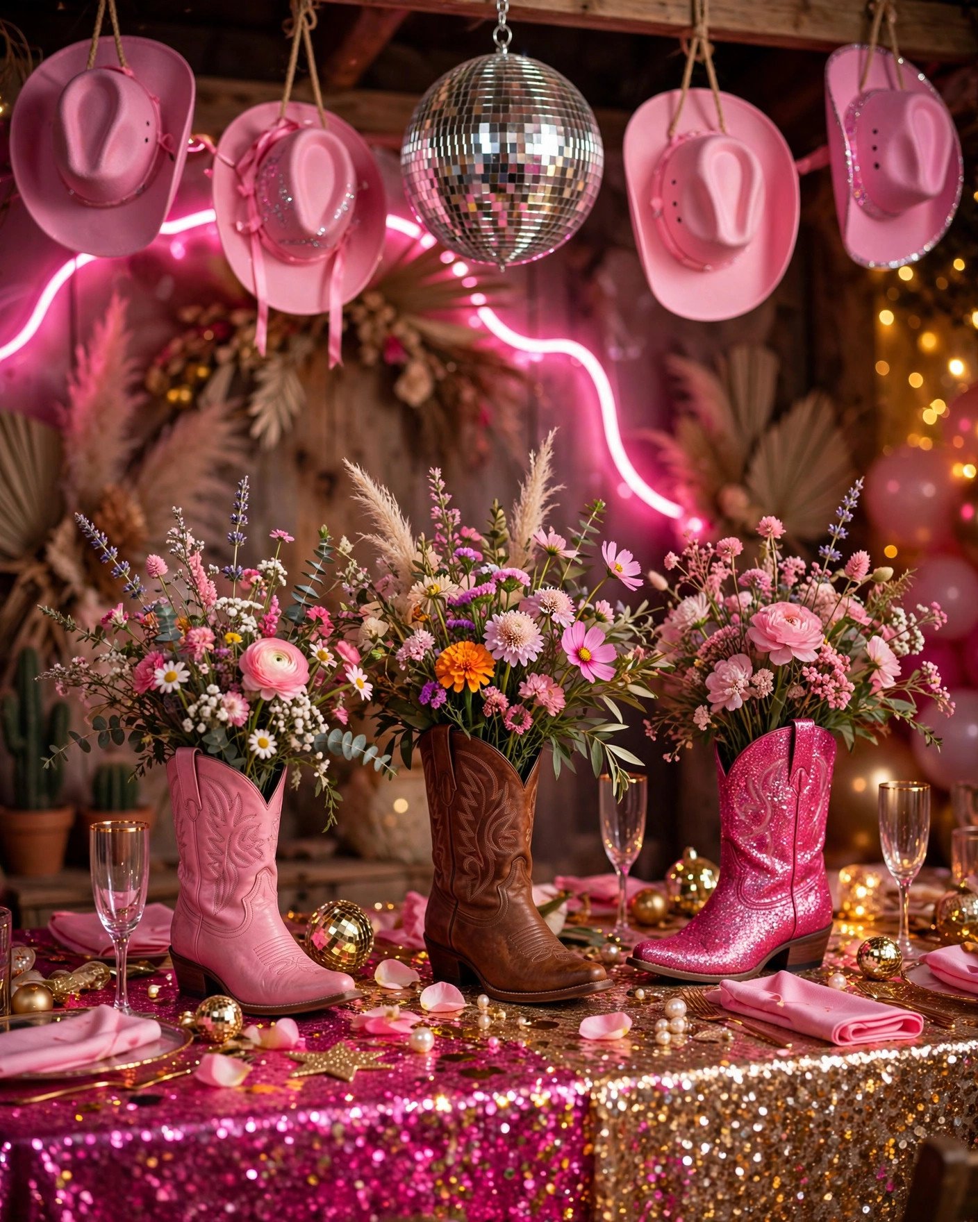 Disco cowgirl bridal shower with pink cowboy hats, disco ball and wildflowers