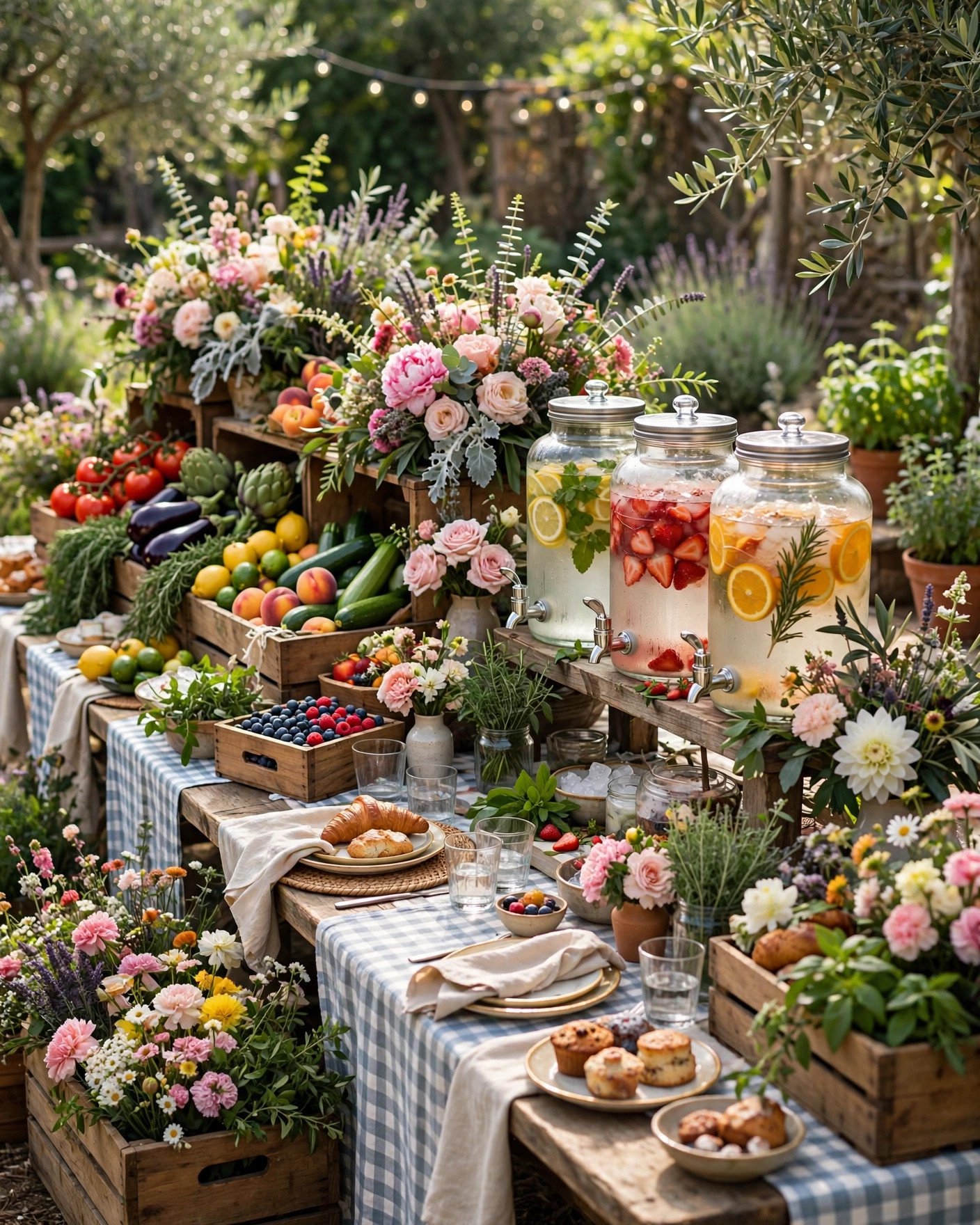 Farmers market morning bridal shower with produce crates, flowers and juice bar