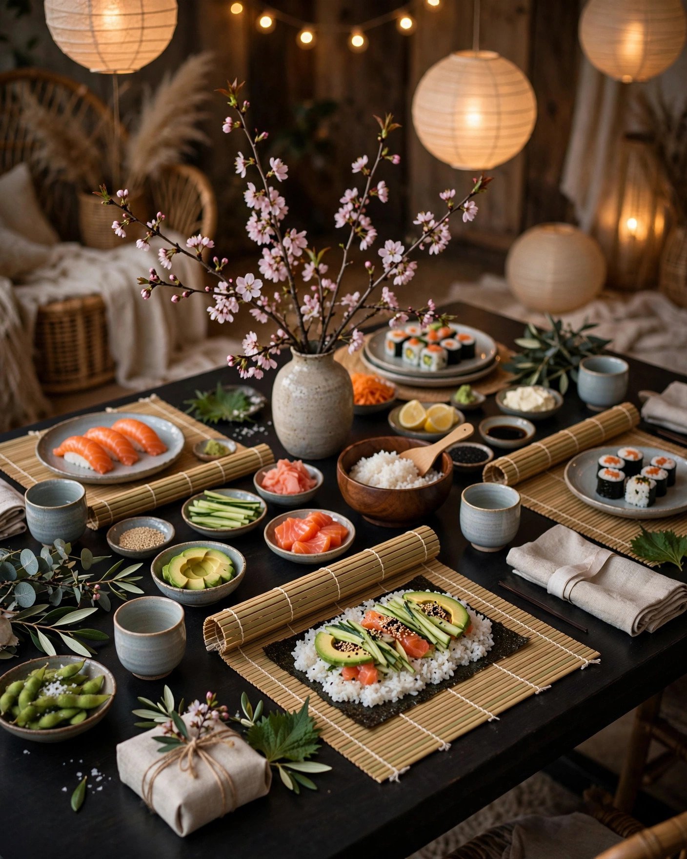 Sushi-rolling bridal shower soiree with bamboo mats, sushi platters and sake