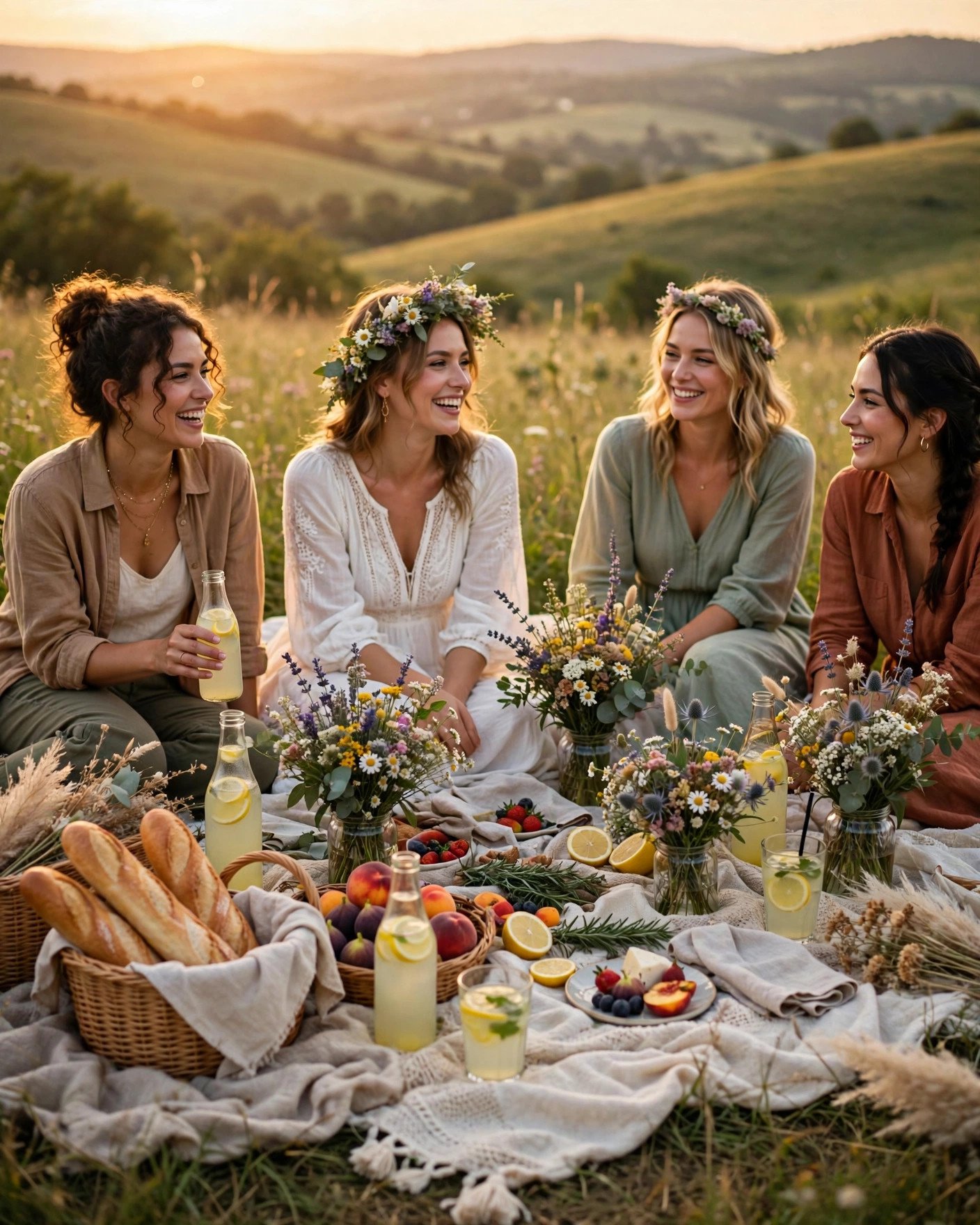 Wildflower hike and picnic bridal shower in a sunny meadow with blankets and baskets