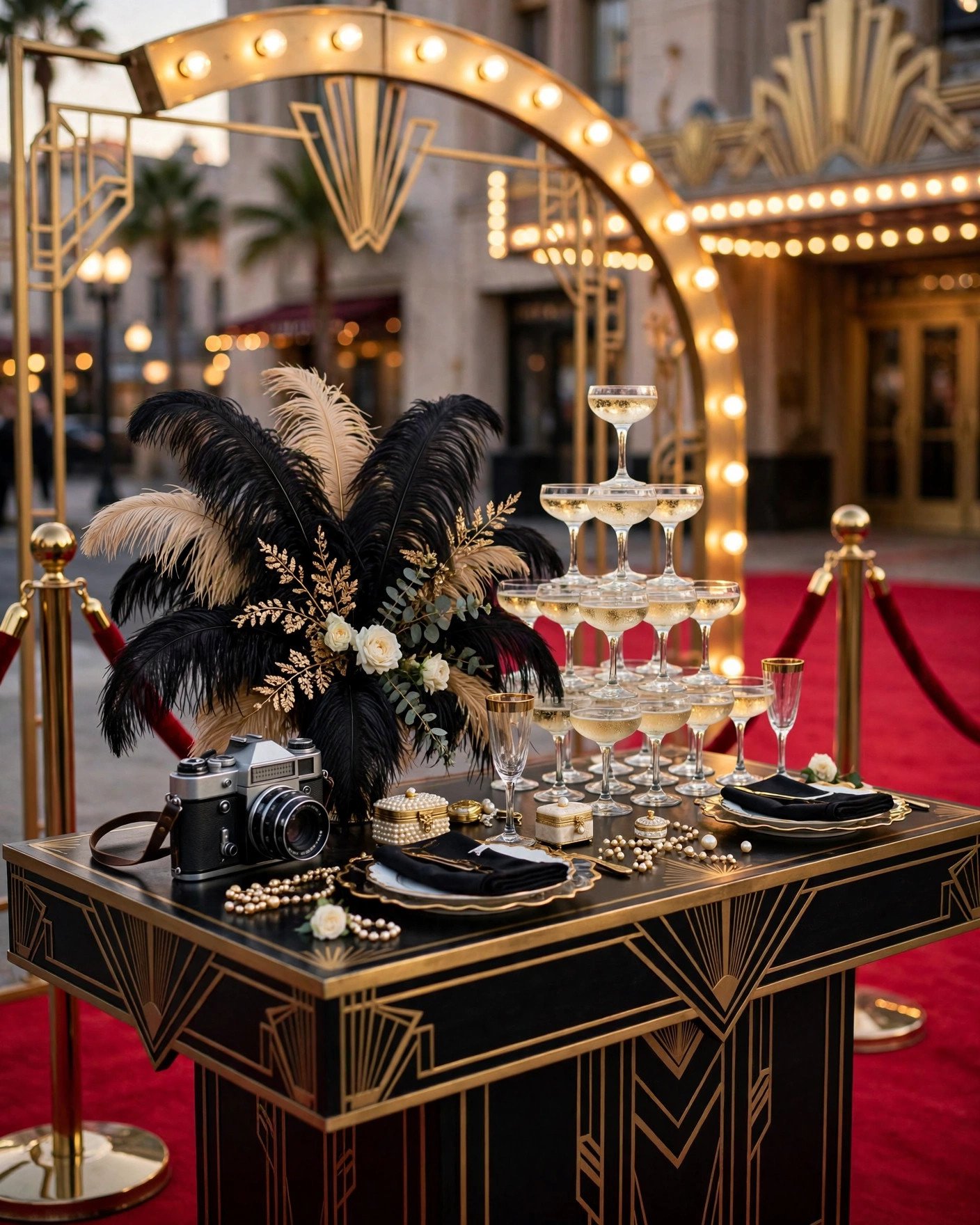 Old Hollywood red carpet bridal shower with black and gold decor and marquee lights