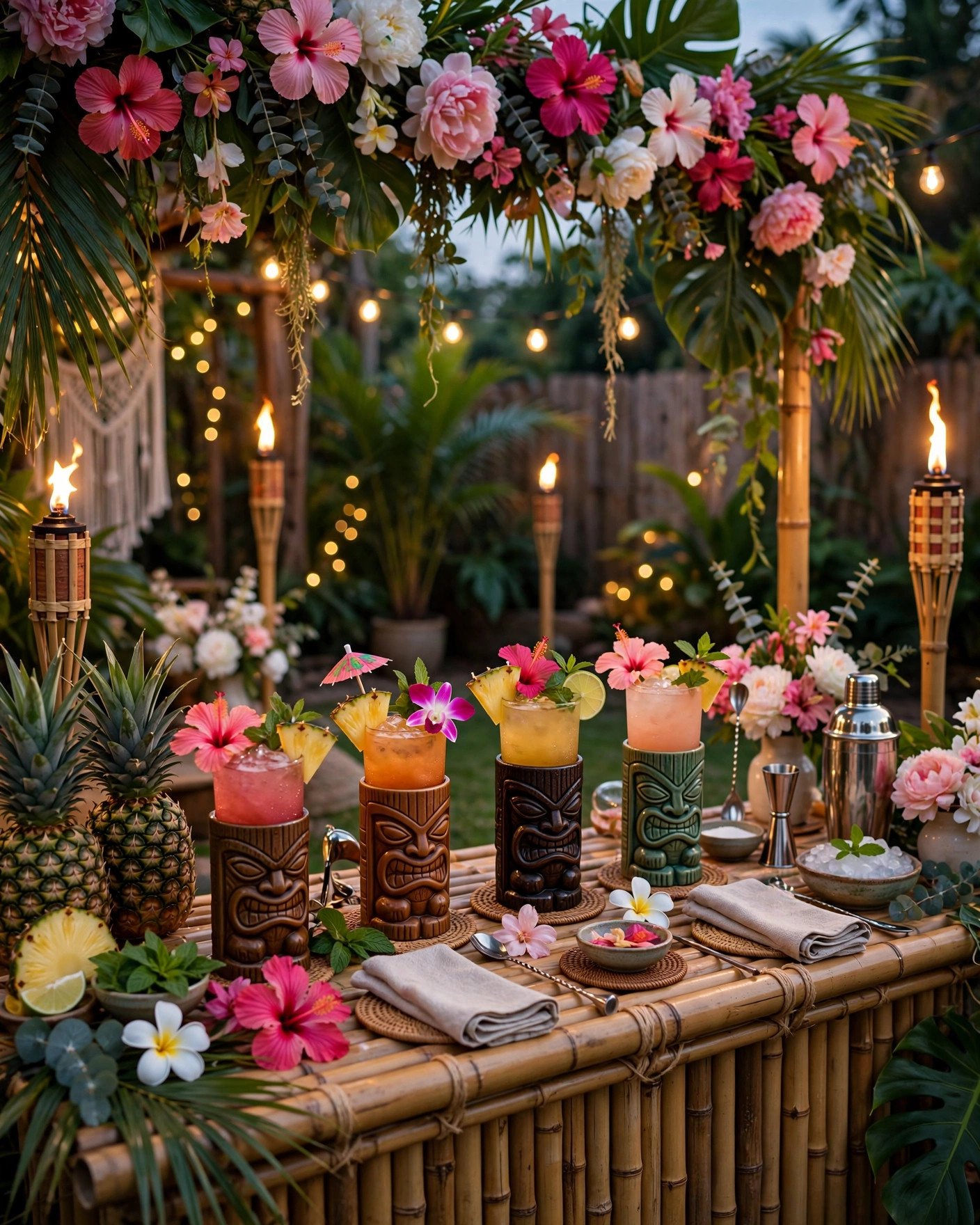 Backyard tiki cocktail lab bridal shower with tropical drinks and torches at dusk