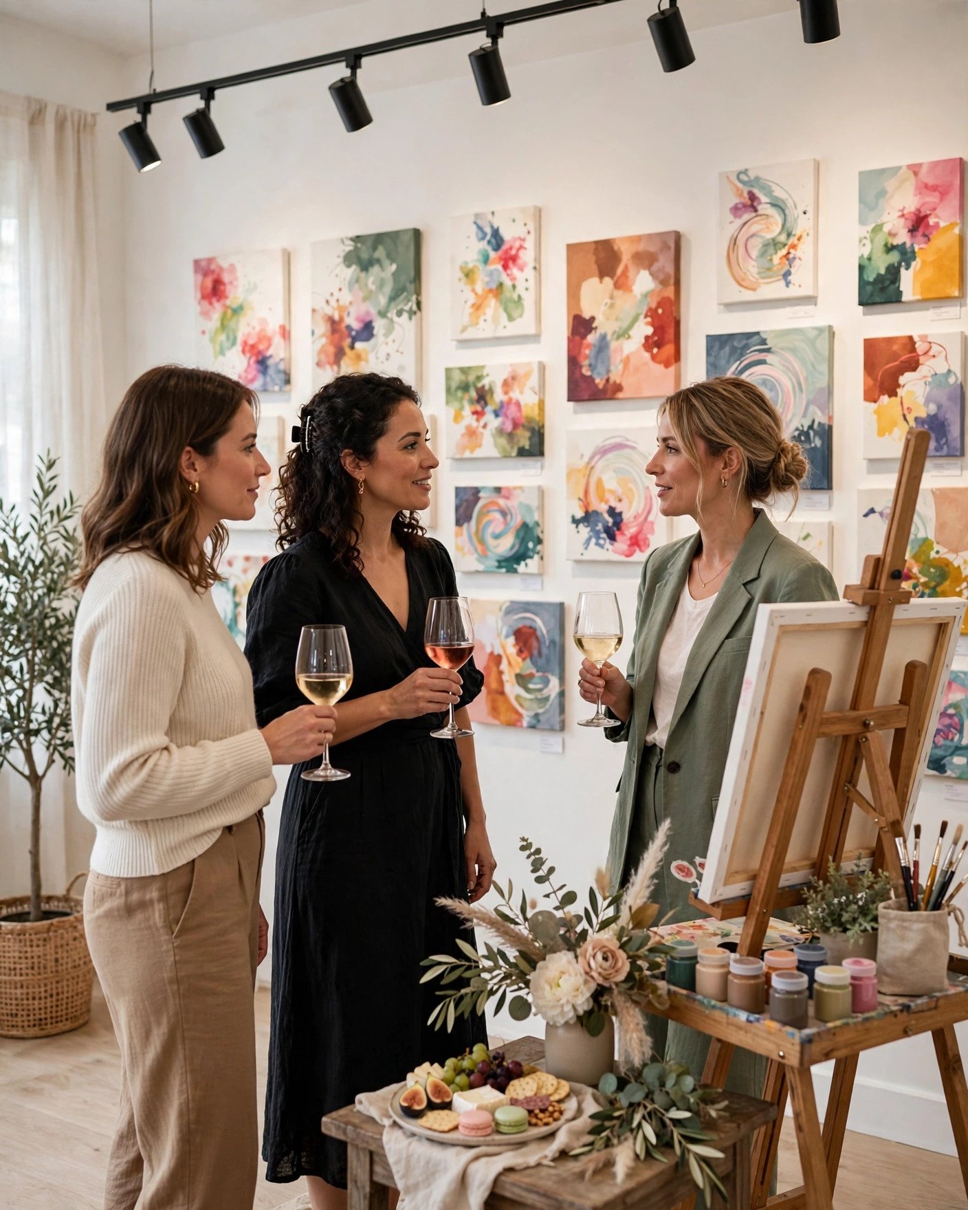 DIY art gallery opening bridal shower with guest paintings on white walls