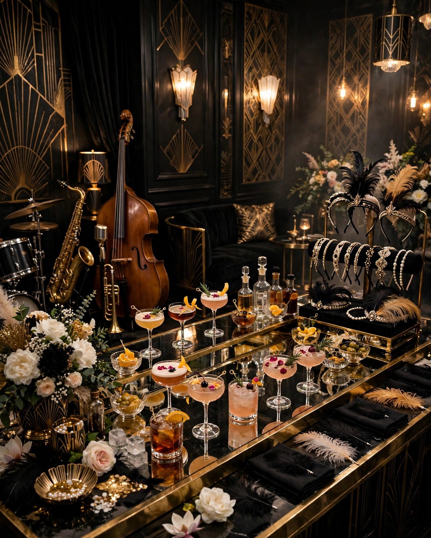 Roaring 20s speakeasy bridal shower with art deco decor, jazz and cocktails