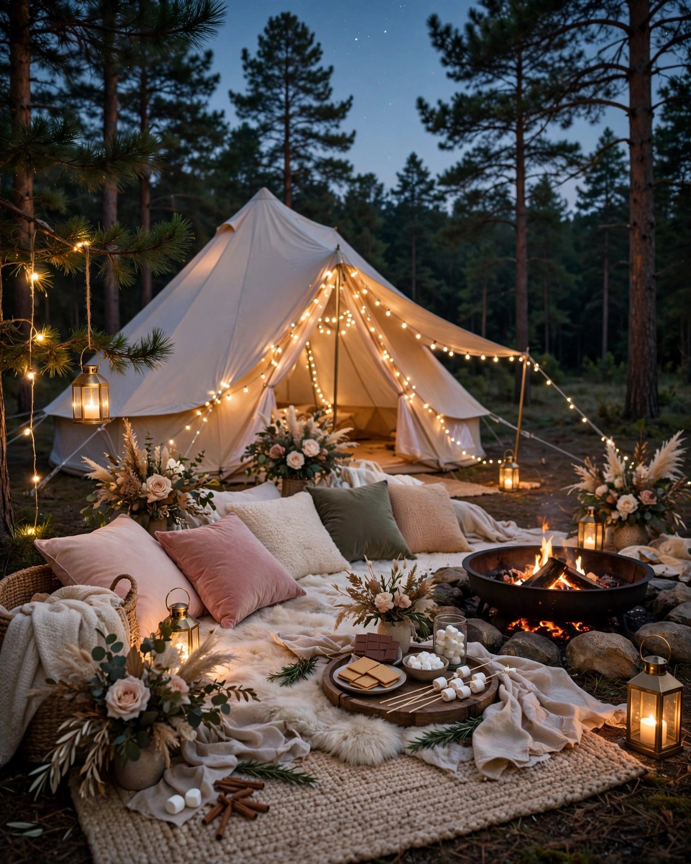 Glamping bridal shower under the stars with bell tent, fairy lights and fire pit