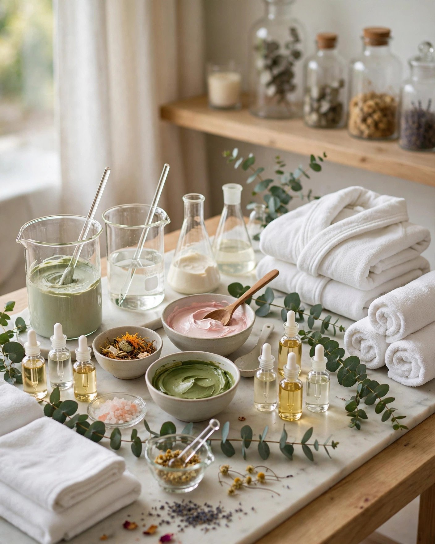 Spa science lab bridal shower with DIY skincare, beakers and white robes