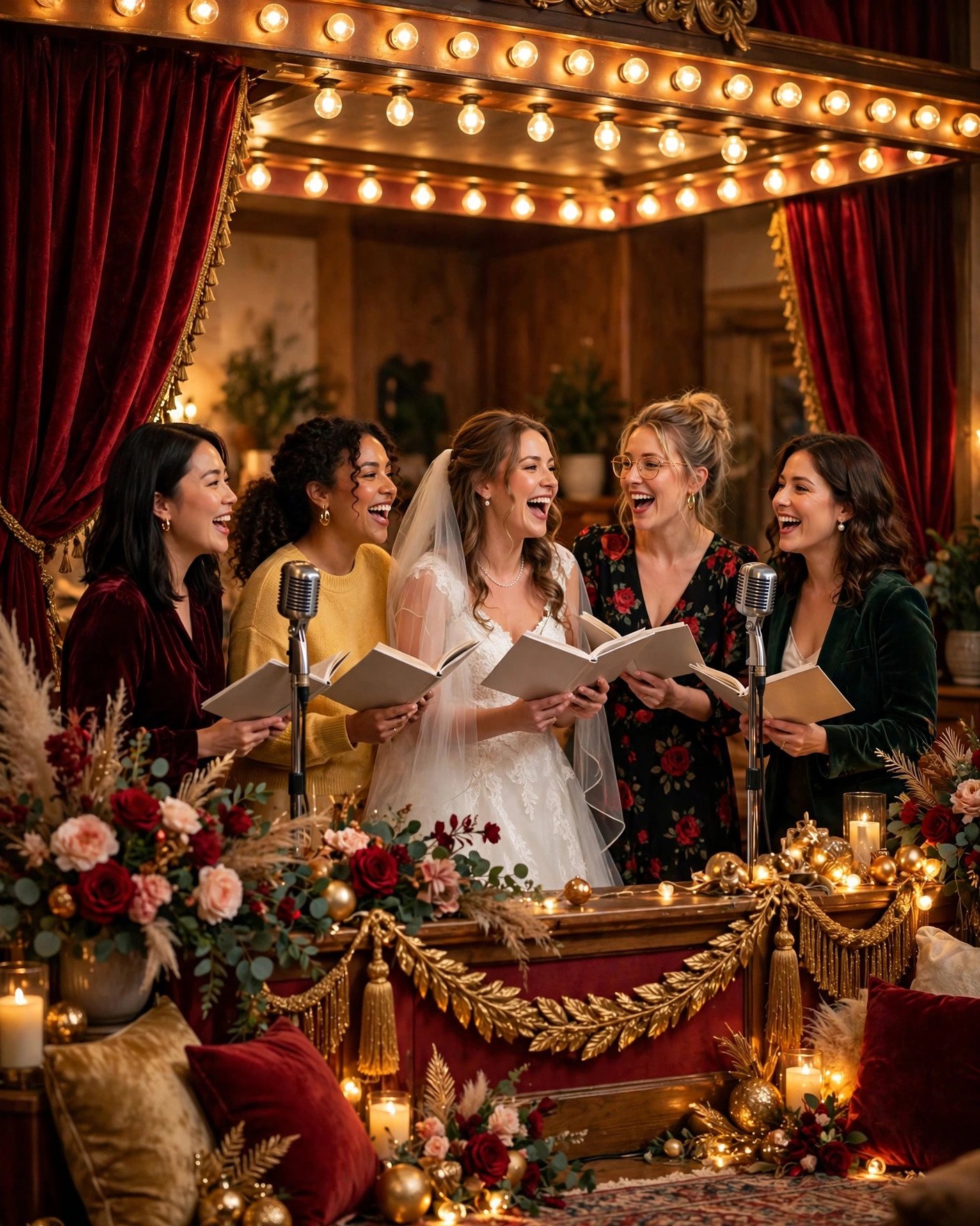 Broadway singalong bridal shower with stage, microphones and marquee lights