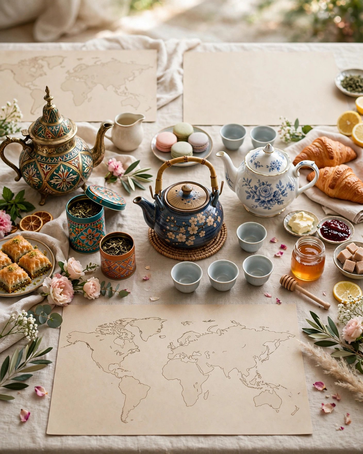 Tea around the world bridal shower with global teapots and tasting cups