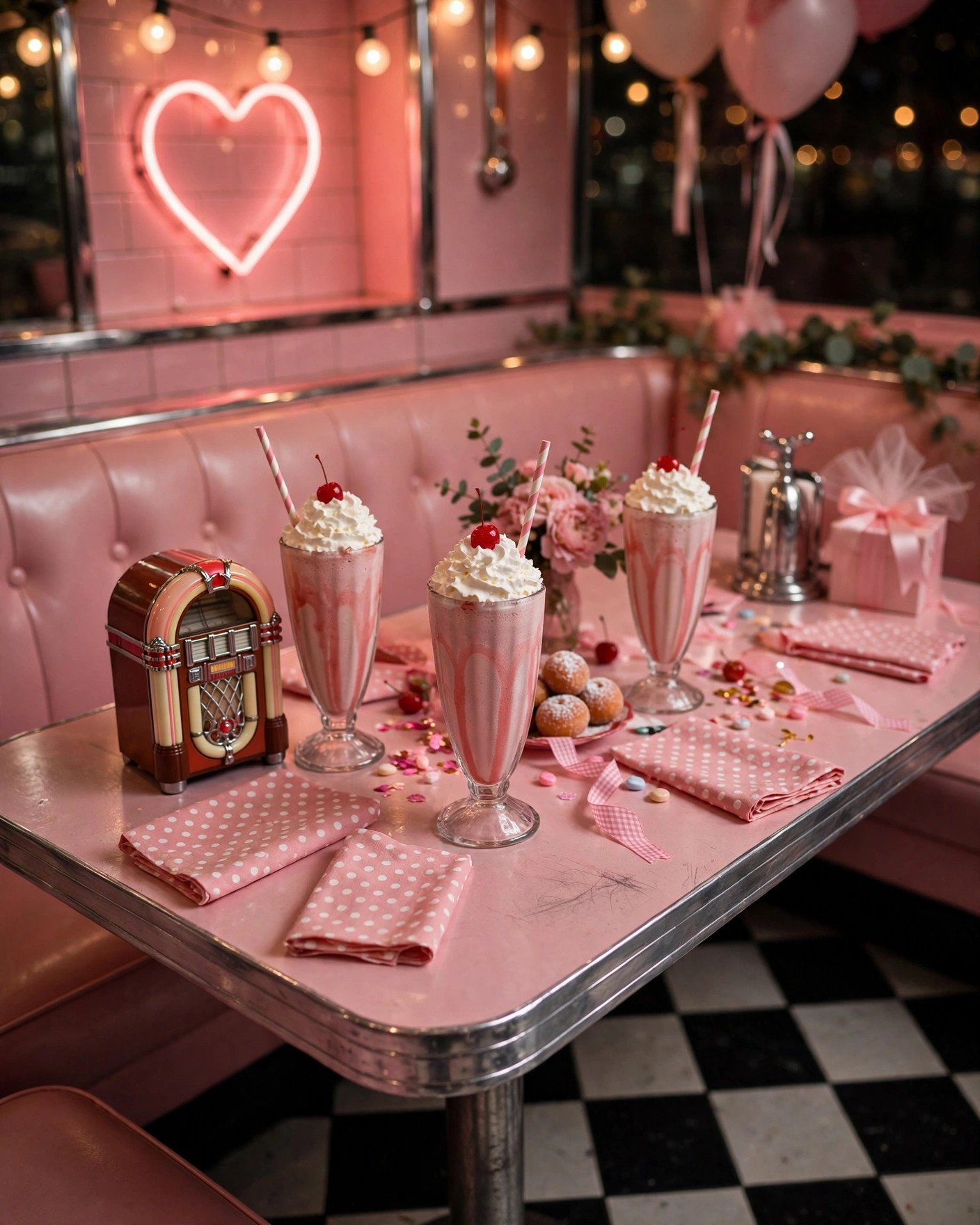 Retro diner milkshake party bridal shower with pink booth, milkshakes and jukebox
