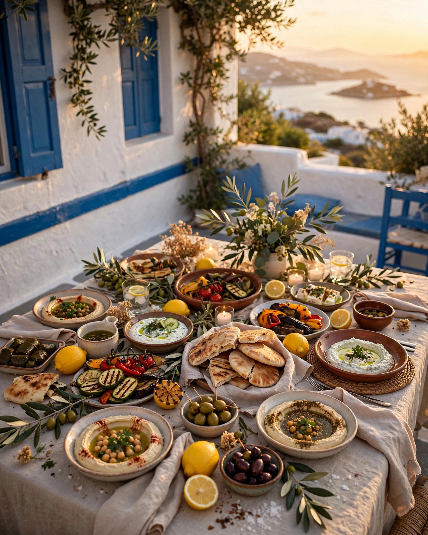 Mediterranean mezze night bridal shower with abundant spread, olives and lemons