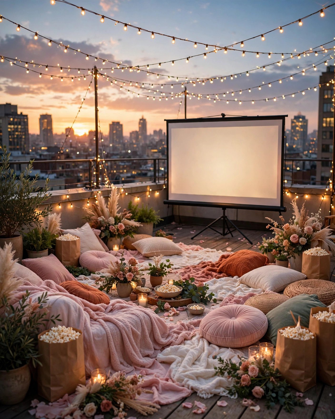 Sunset rooftop cinema bridal shower with projector screen, blankets and string lights