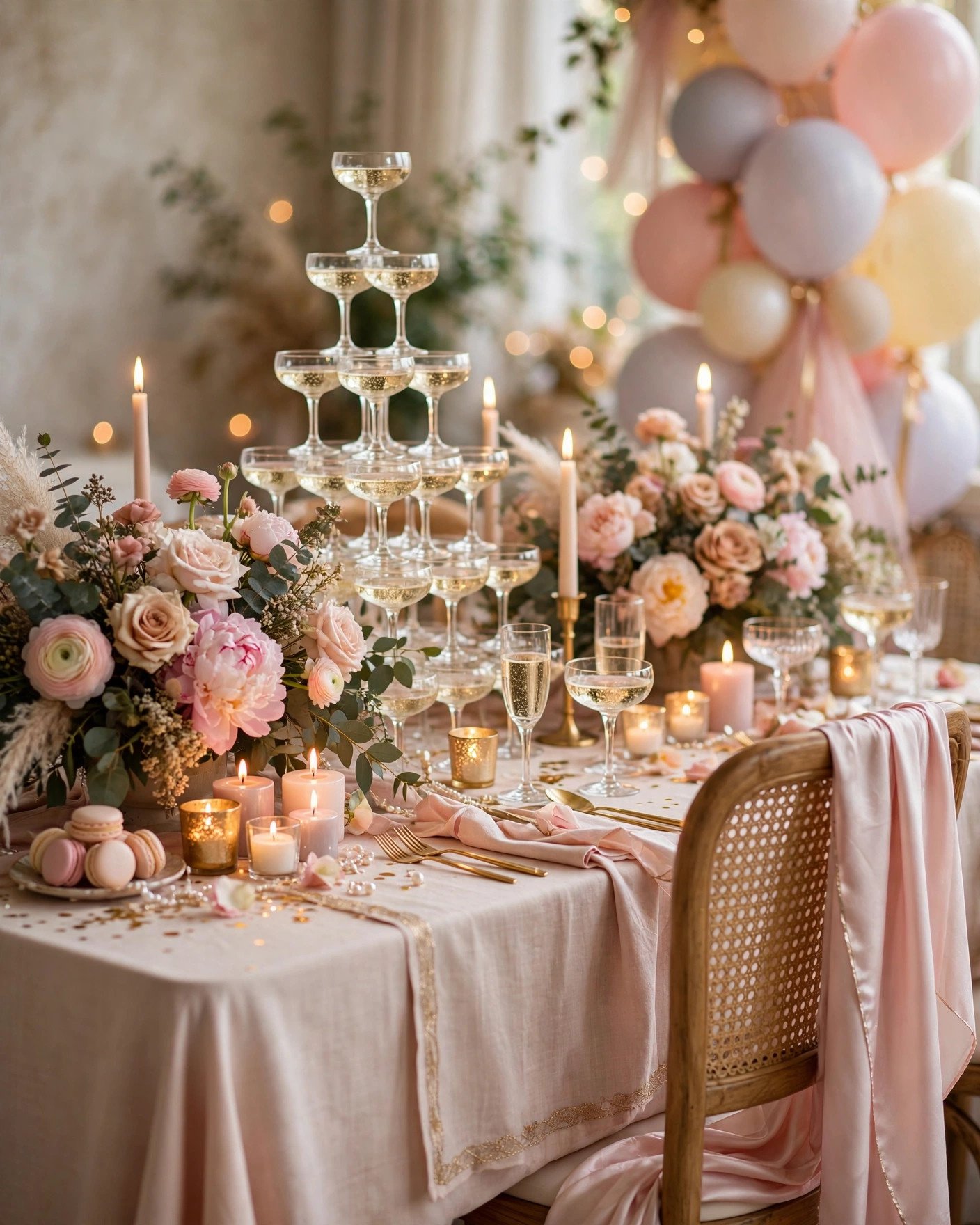 Elegant bridal shower tablescape with blush and gold decor, flowers, candles and a champagne tower
