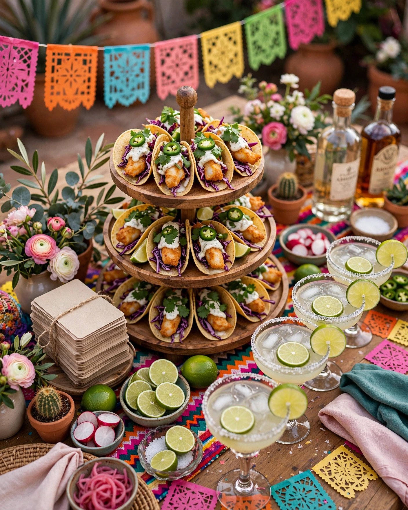 Taco and tequila bridal shower food table with tacos, margarita bar and quiz cards