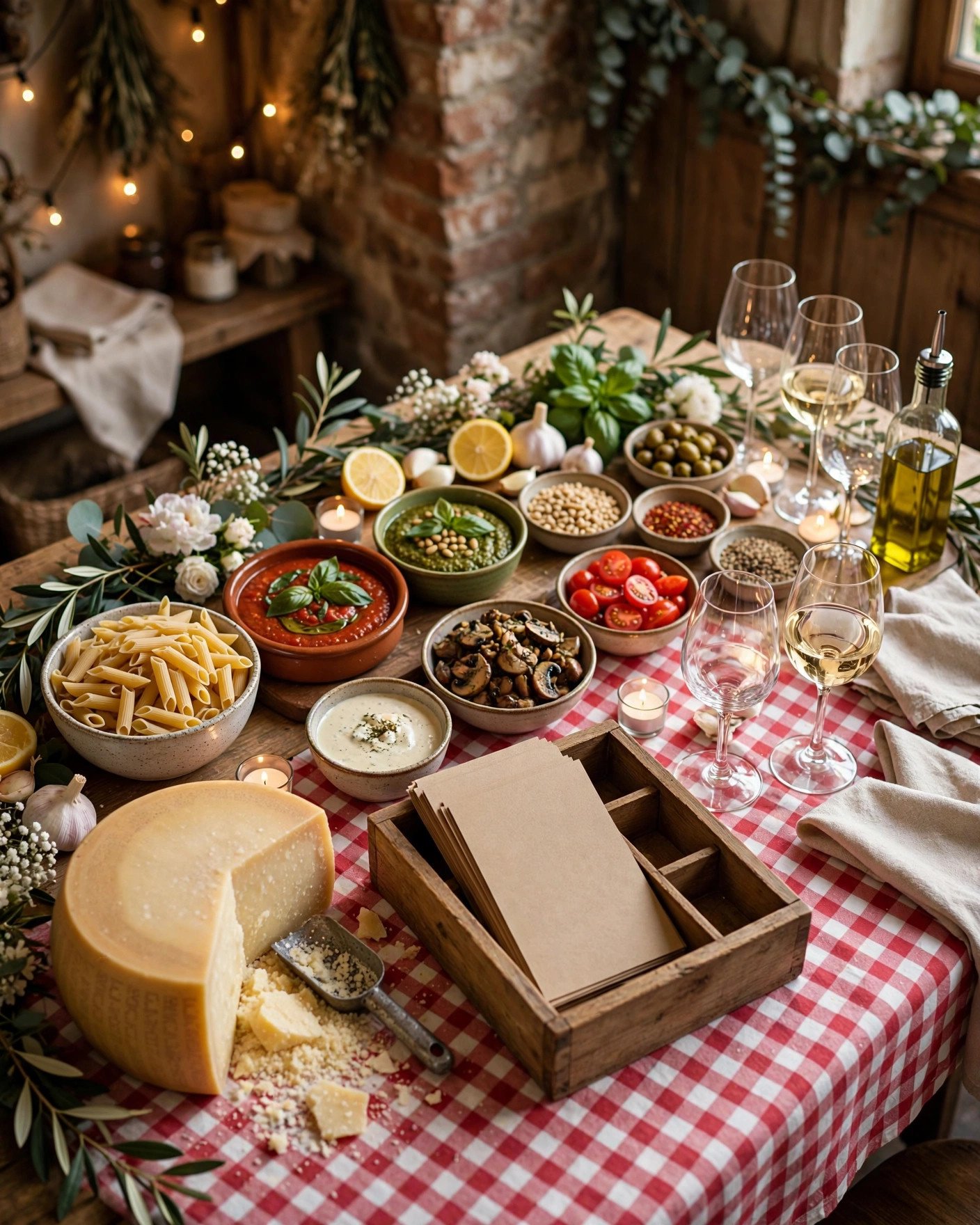 Italian pasta night bridal shower with build-your-own pasta bar and recipe cards