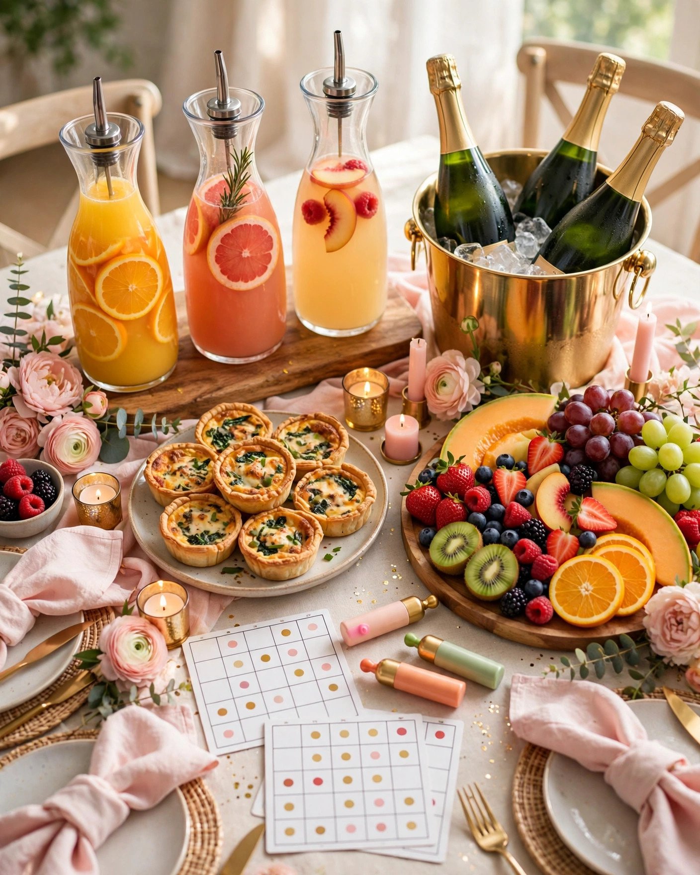 Brunch and bubbly bridal shower with mimosa bar, quiches and bingo cards