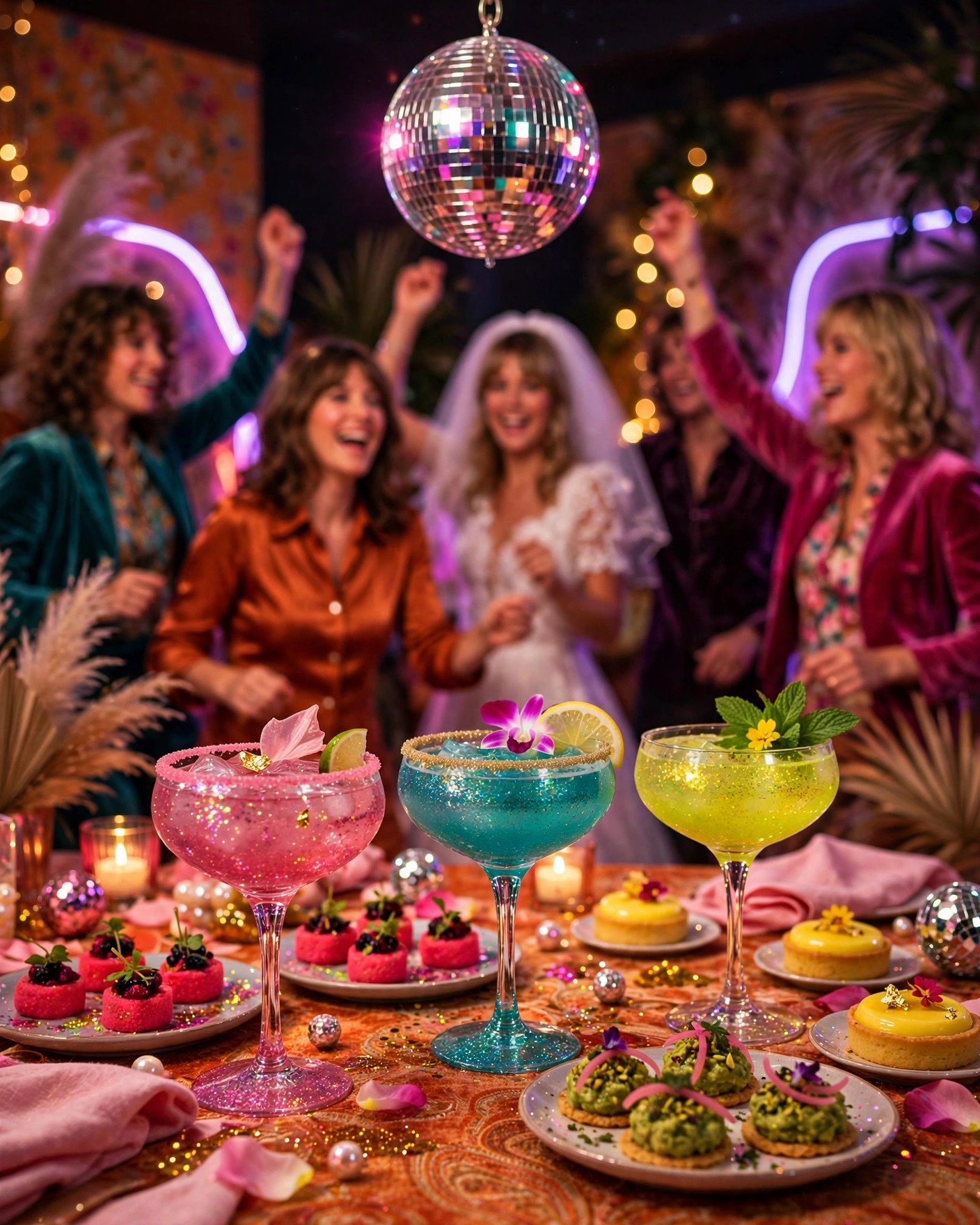 Disco fever bridal shower night with neon lights, glitter cocktails and dancing