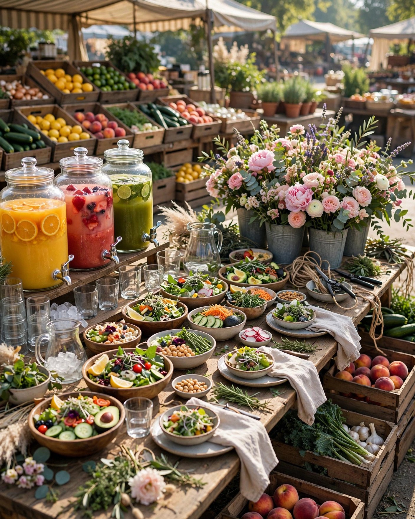 Farmers market brunch bridal shower with fresh salads, juice bar and bouquet station