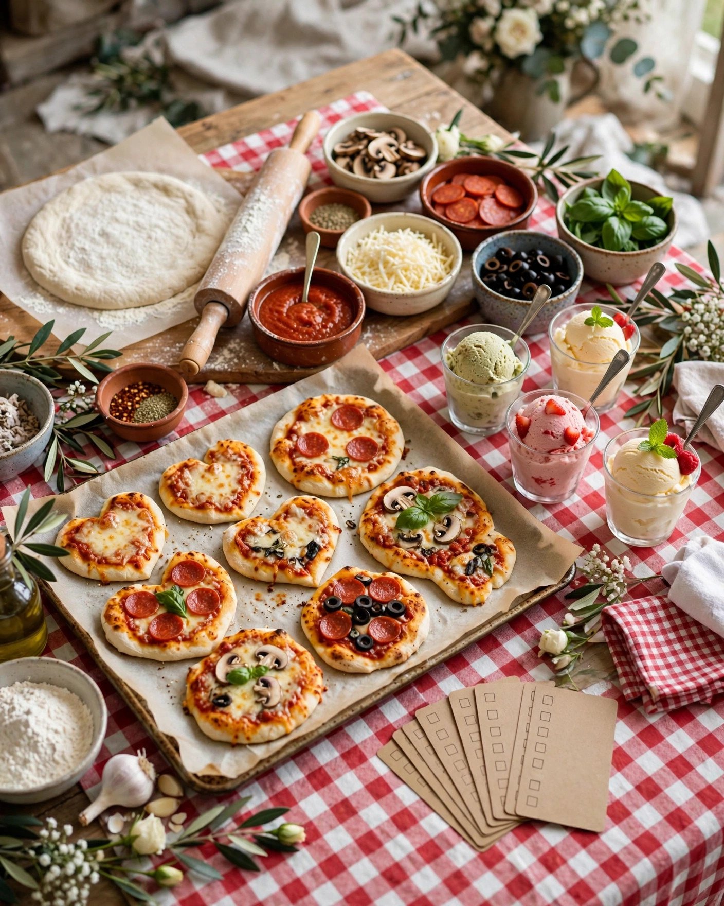 Pizza party bridal shower with DIY pizza bar, toppings and voting cards