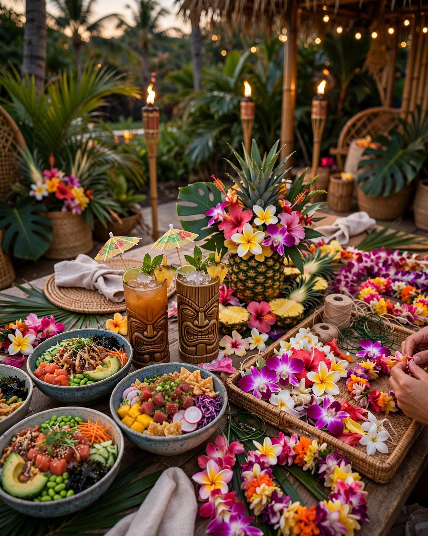 Tropical tiki luau bridal shower with poke bowls, mai tais and lei-making station