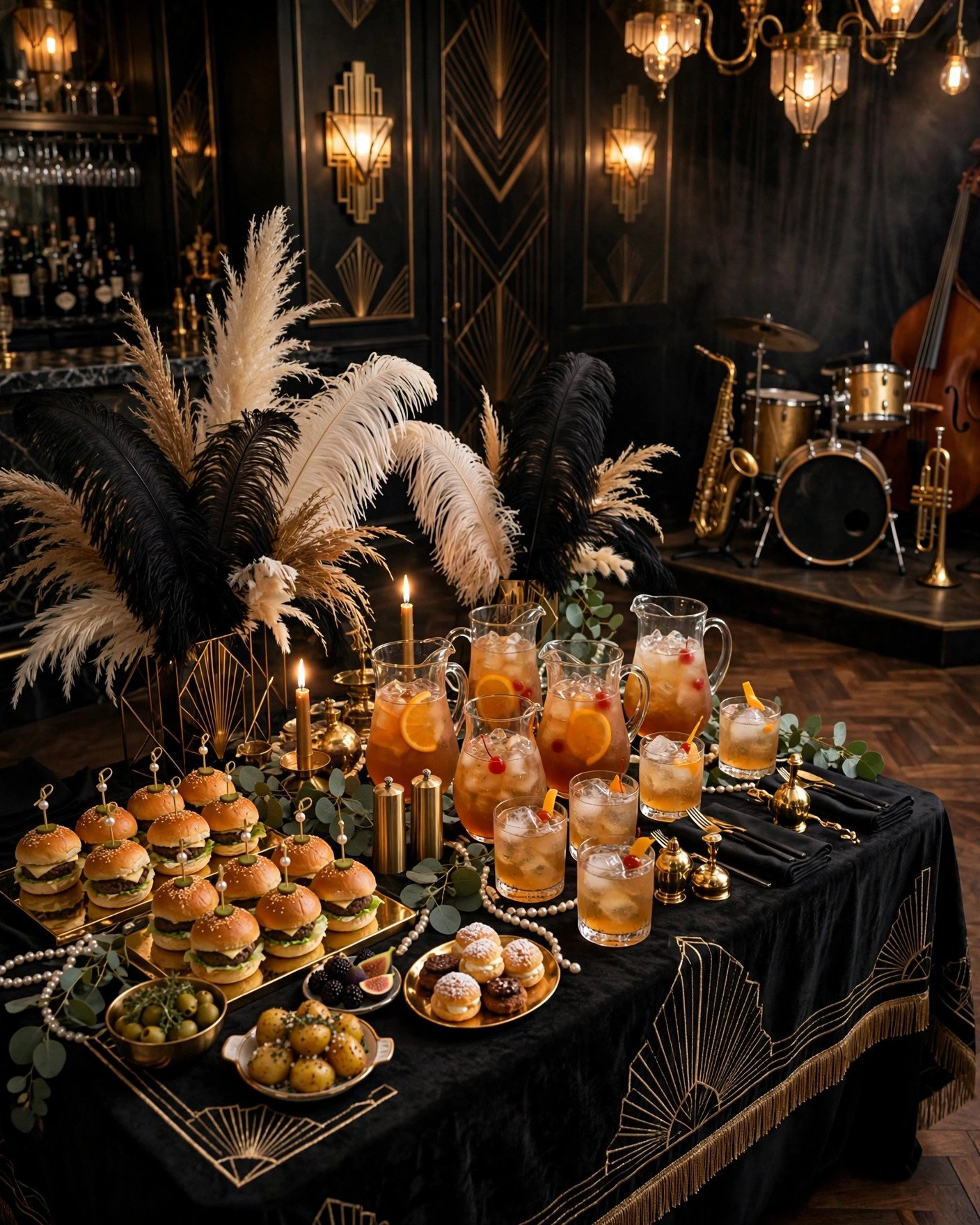 Roaring 20s speakeasy bridal shower with art deco lounge, sliders and cocktails