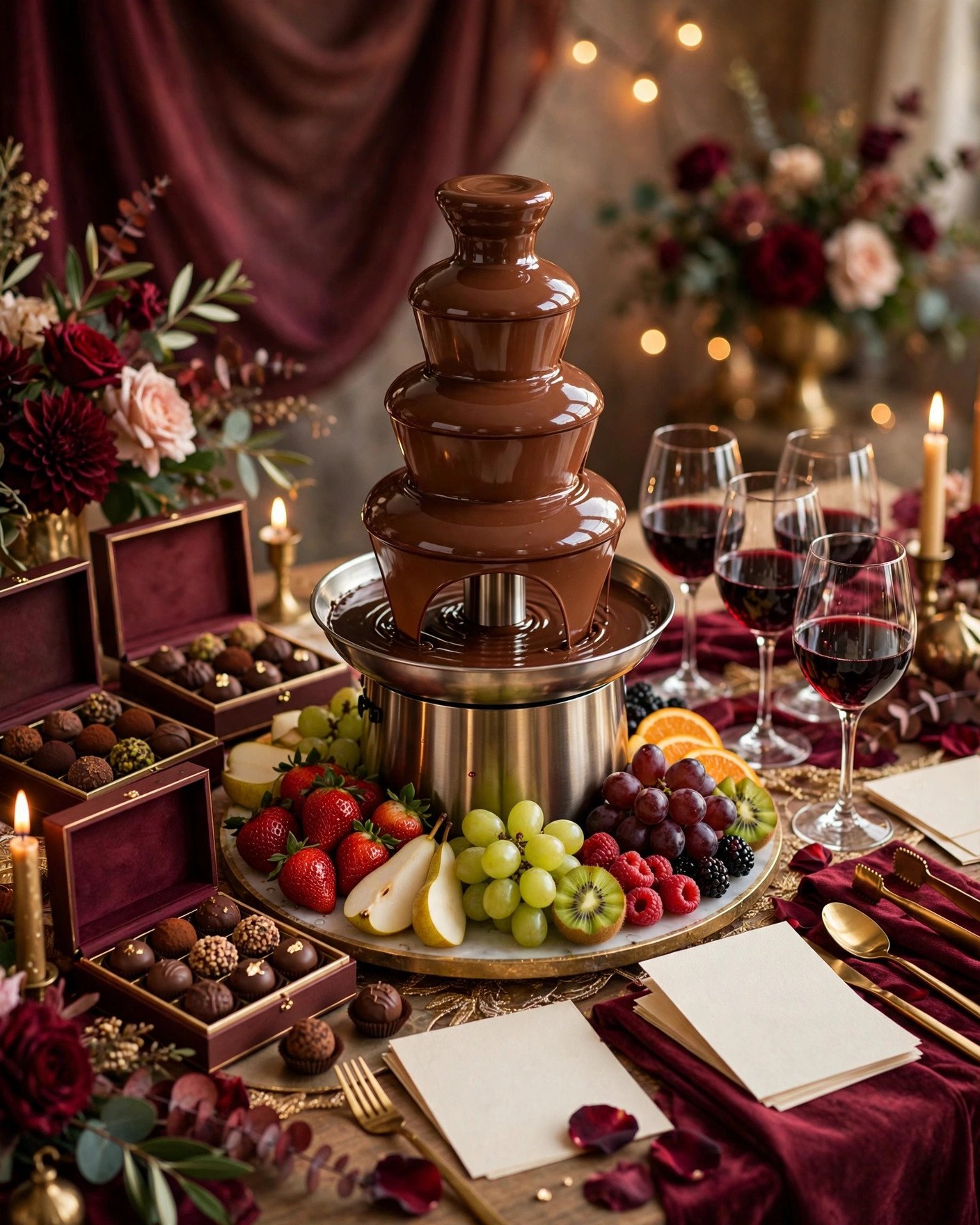 Chocolate and wine bridal shower with fondue fountain, truffles and tasting cards