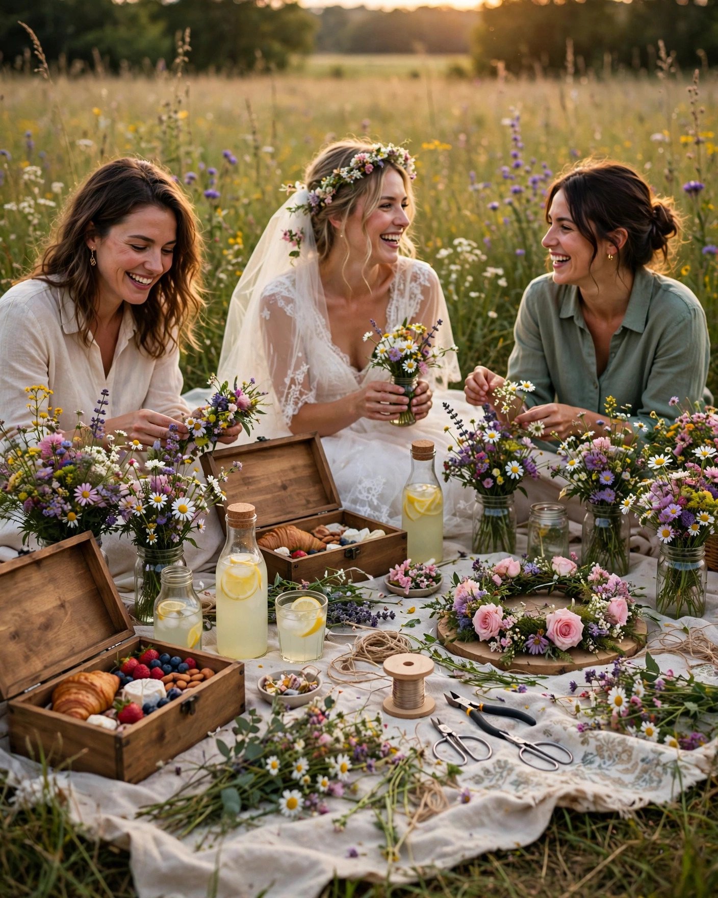 Wildflower picnic bridal shower in a meadow with picnic boxes and flower crown station