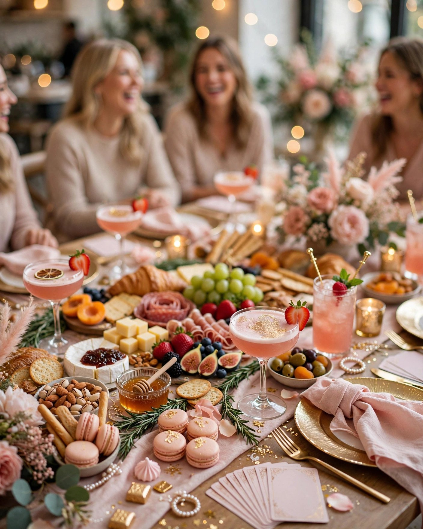 Bridal shower party table with themed food spread, cocktails and game cards