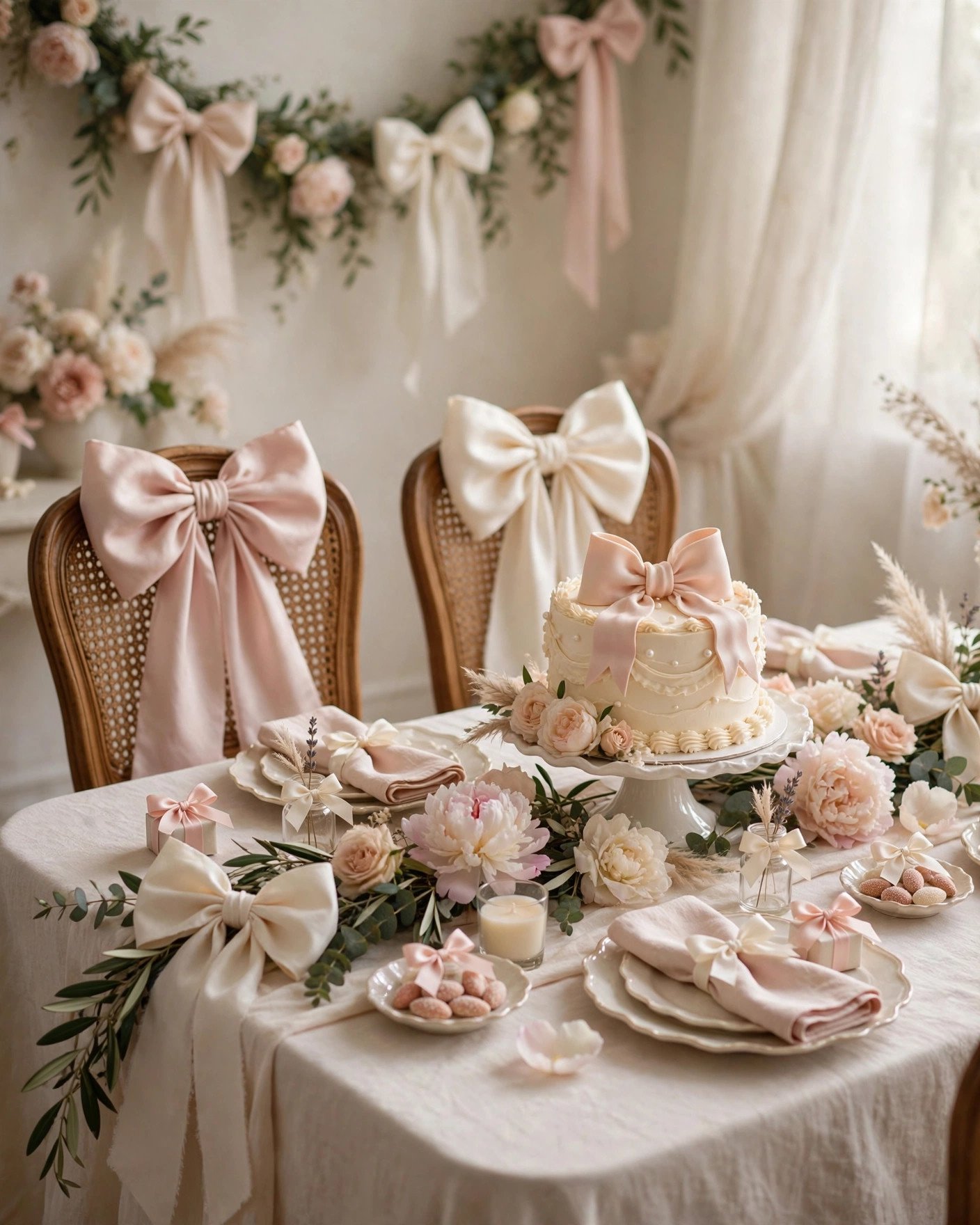 Bow-themed bridal shower with giant silk bows, bow cake and romantic decor