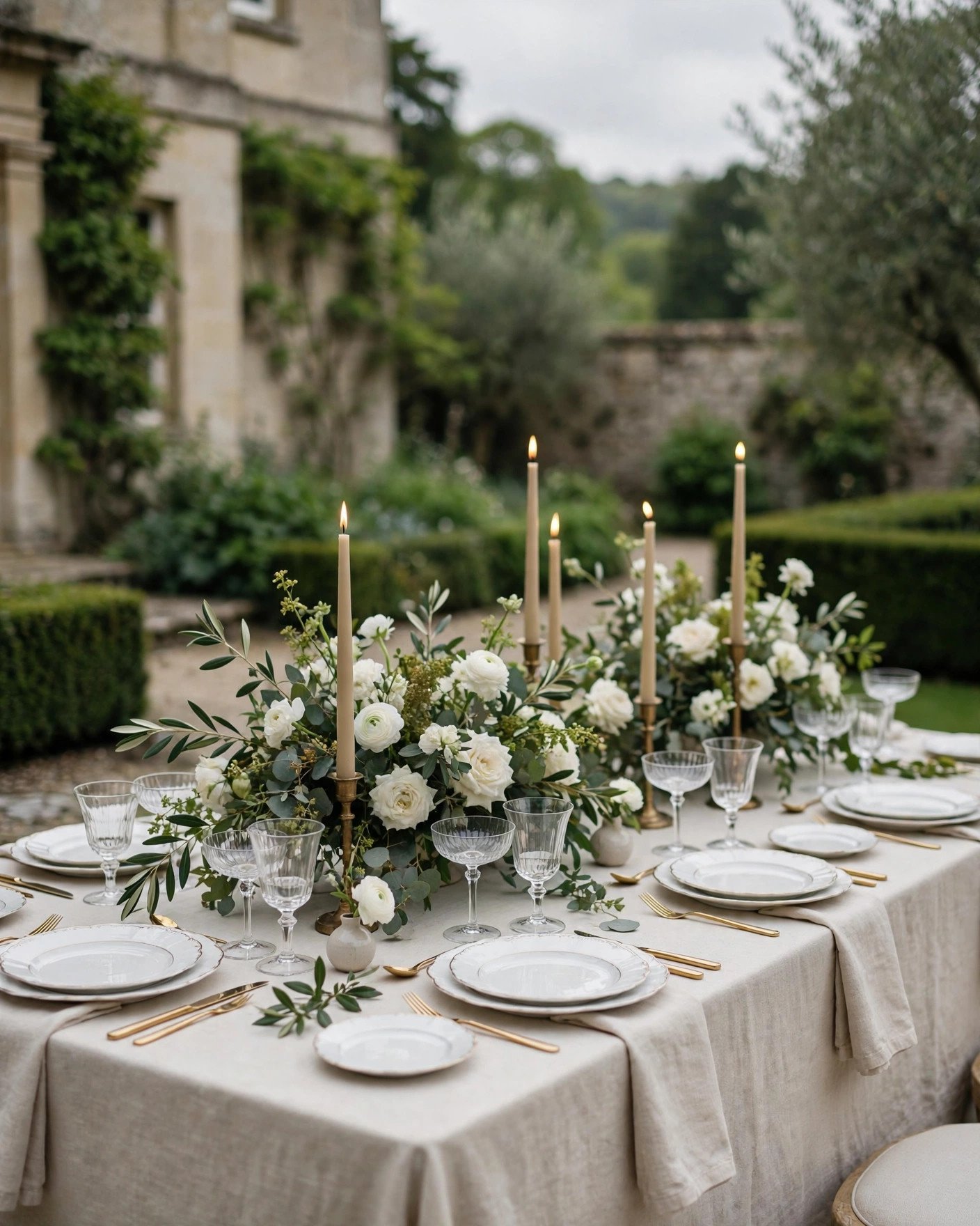 Quiet luxury garden bridal shower with neutral linens, white florals and candles