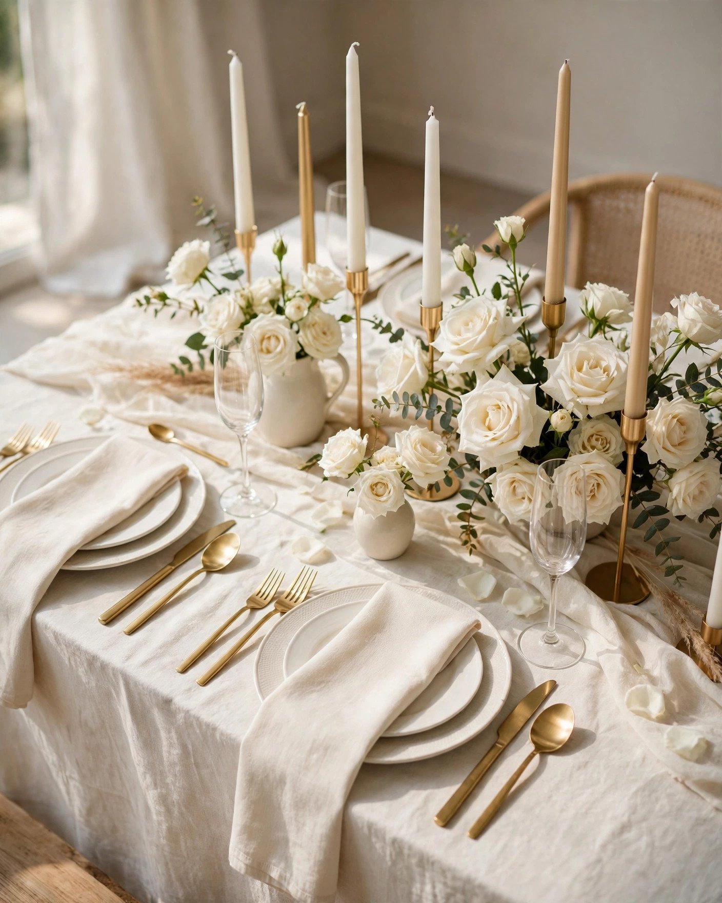 Chic neutral bridal shower with cream table, white roses and gold flatware