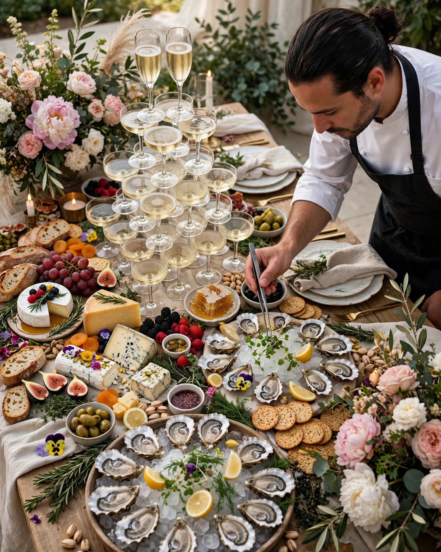 Elevated food and drink bridal shower with chef grazing table, champagne tower and oysters