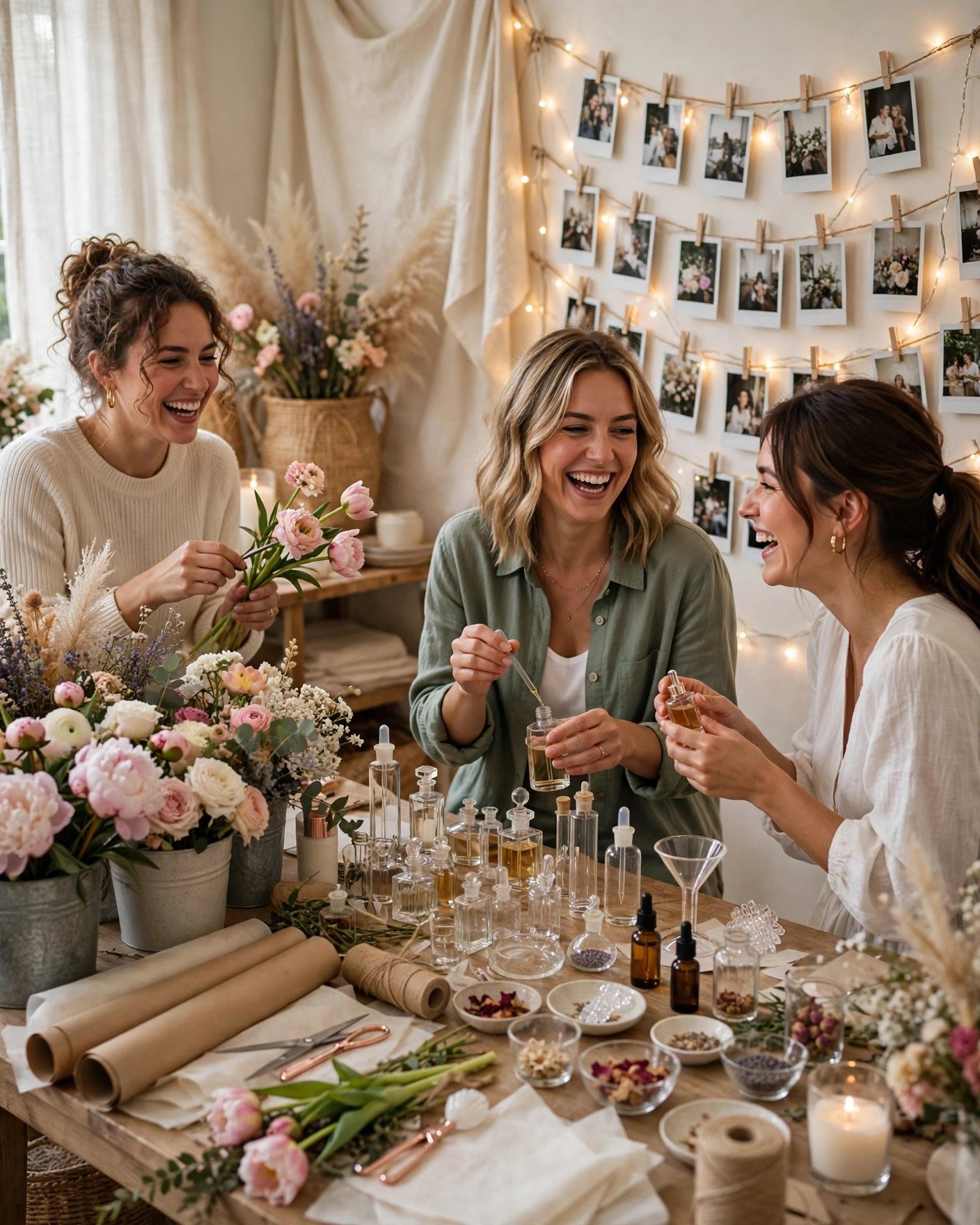 Bridal shower experience stations with flower bar, perfume mixing and photo wall