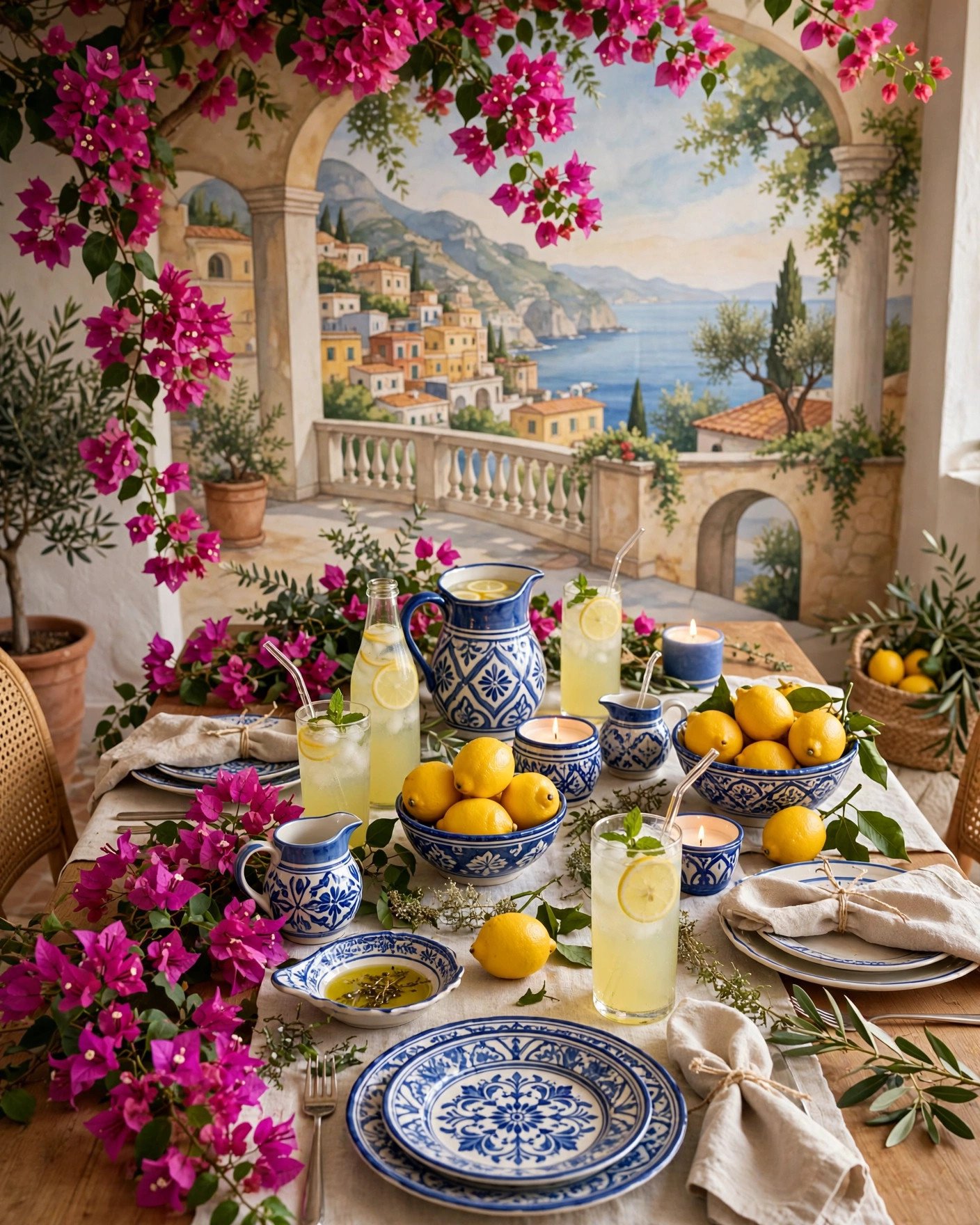 Destination-inspired bridal shower with Amalfi Coast lemons, blue ceramics and bougainvillea