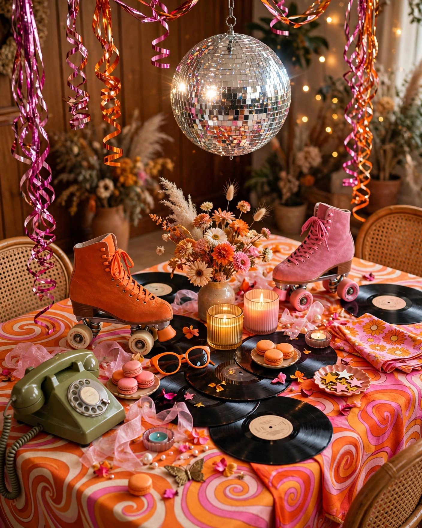 Retro revival bridal shower with 70s disco decor, roller skates and bold colors