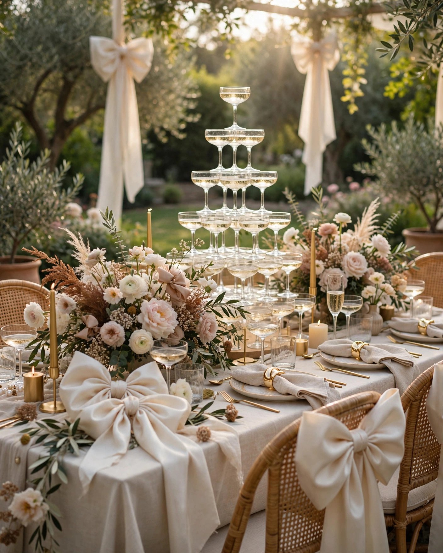 Modern bridal shower trends 2027 — elegant garden party table with bows, florals and champagne