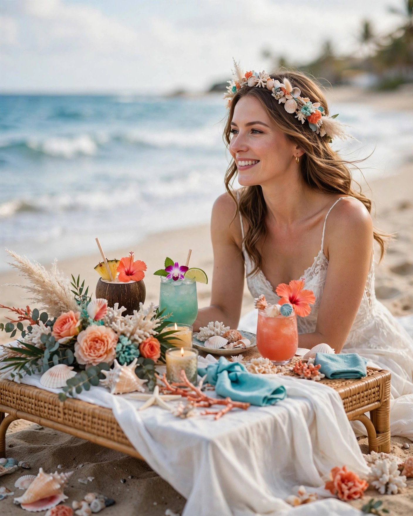 Beachy bride bridal shower on the sand with seashell decor and tropical drinks