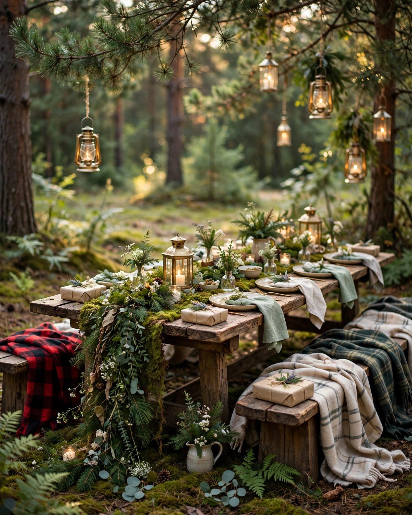 Forest getaway bridal shower in a pine clearing with moss runners and lanterns