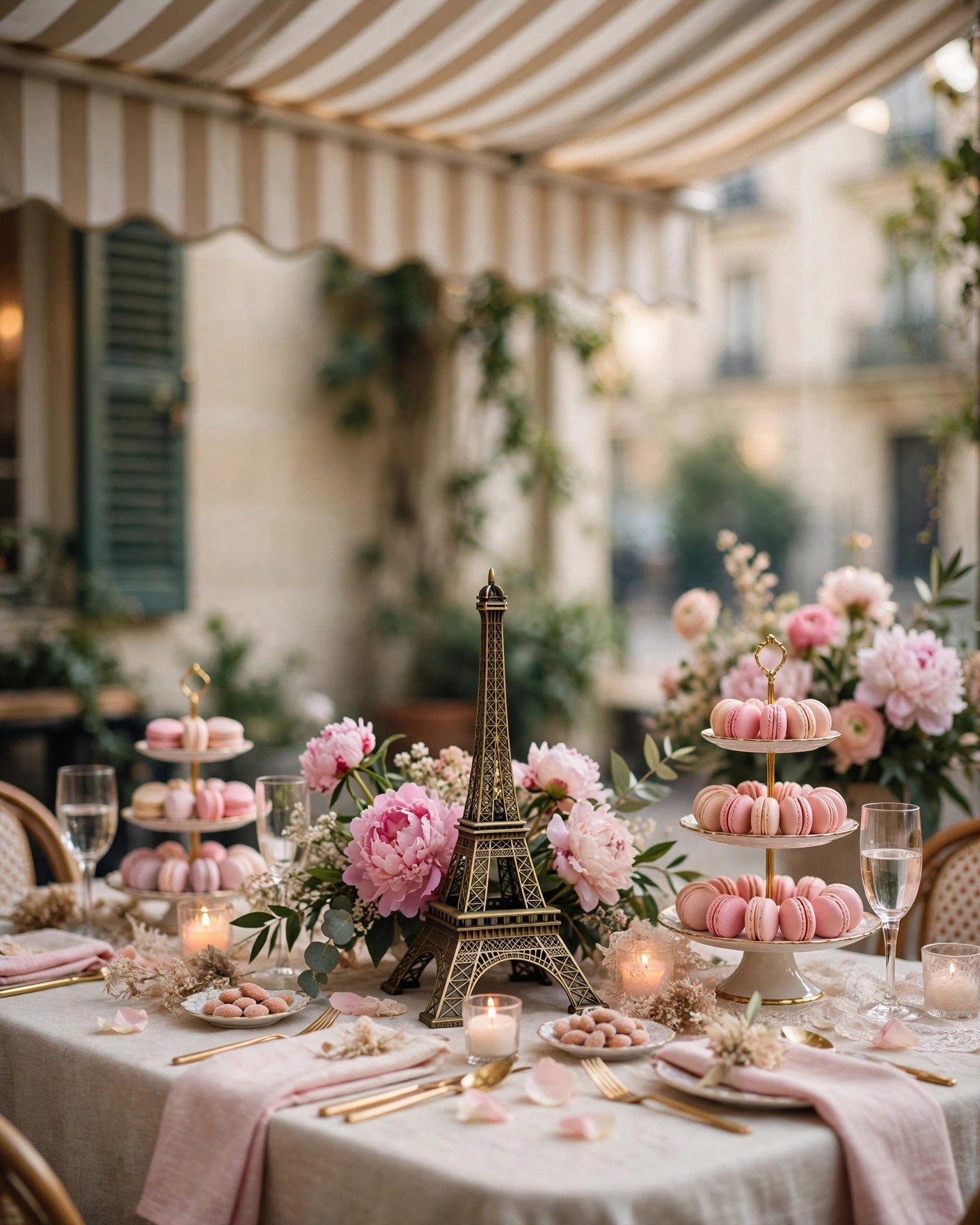 Pretty in Paris bridal shower with Eiffel tower centerpiece, peonies and macarons