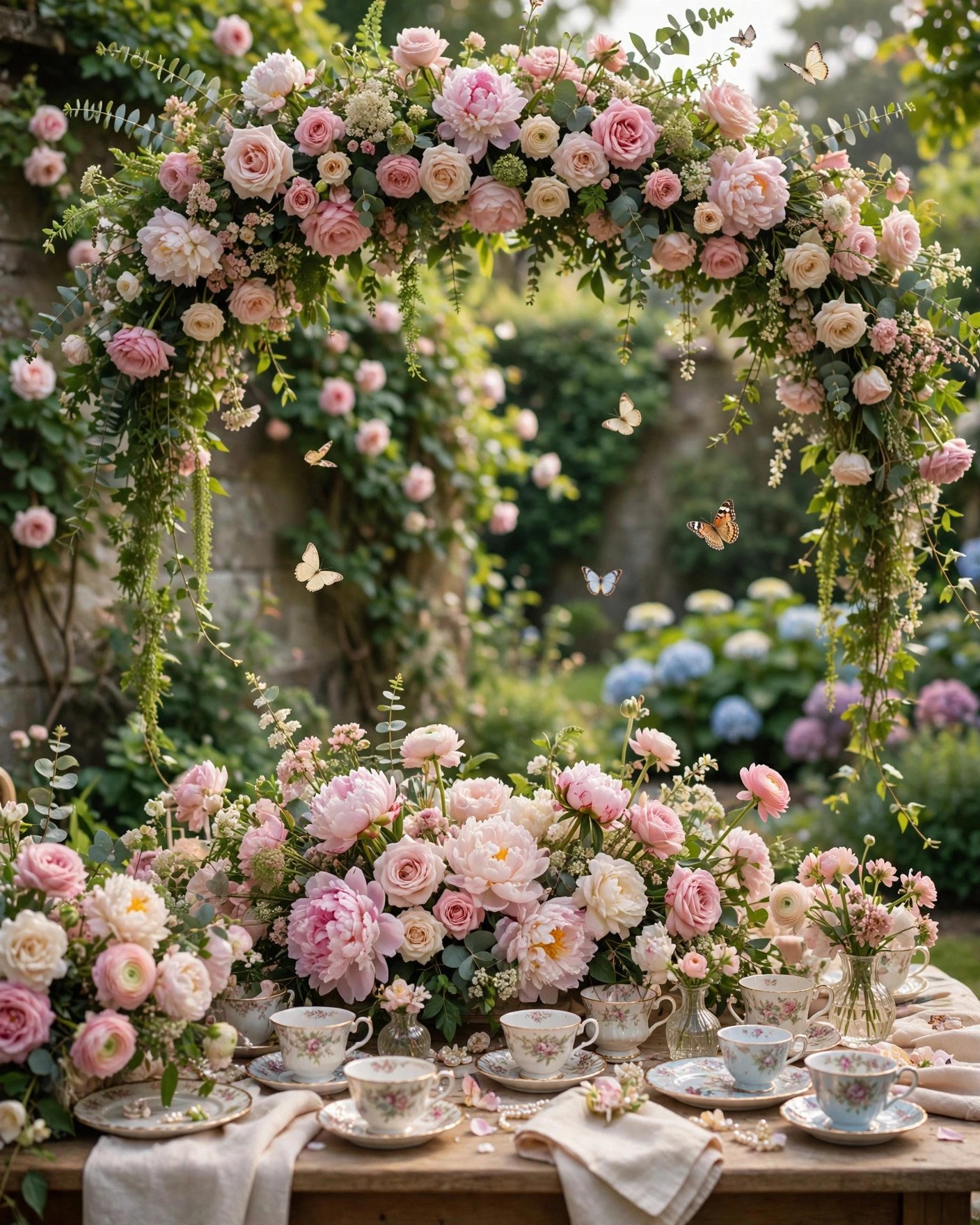 Garden party bridal shower with abundant pastel florals, floral arch and teacups